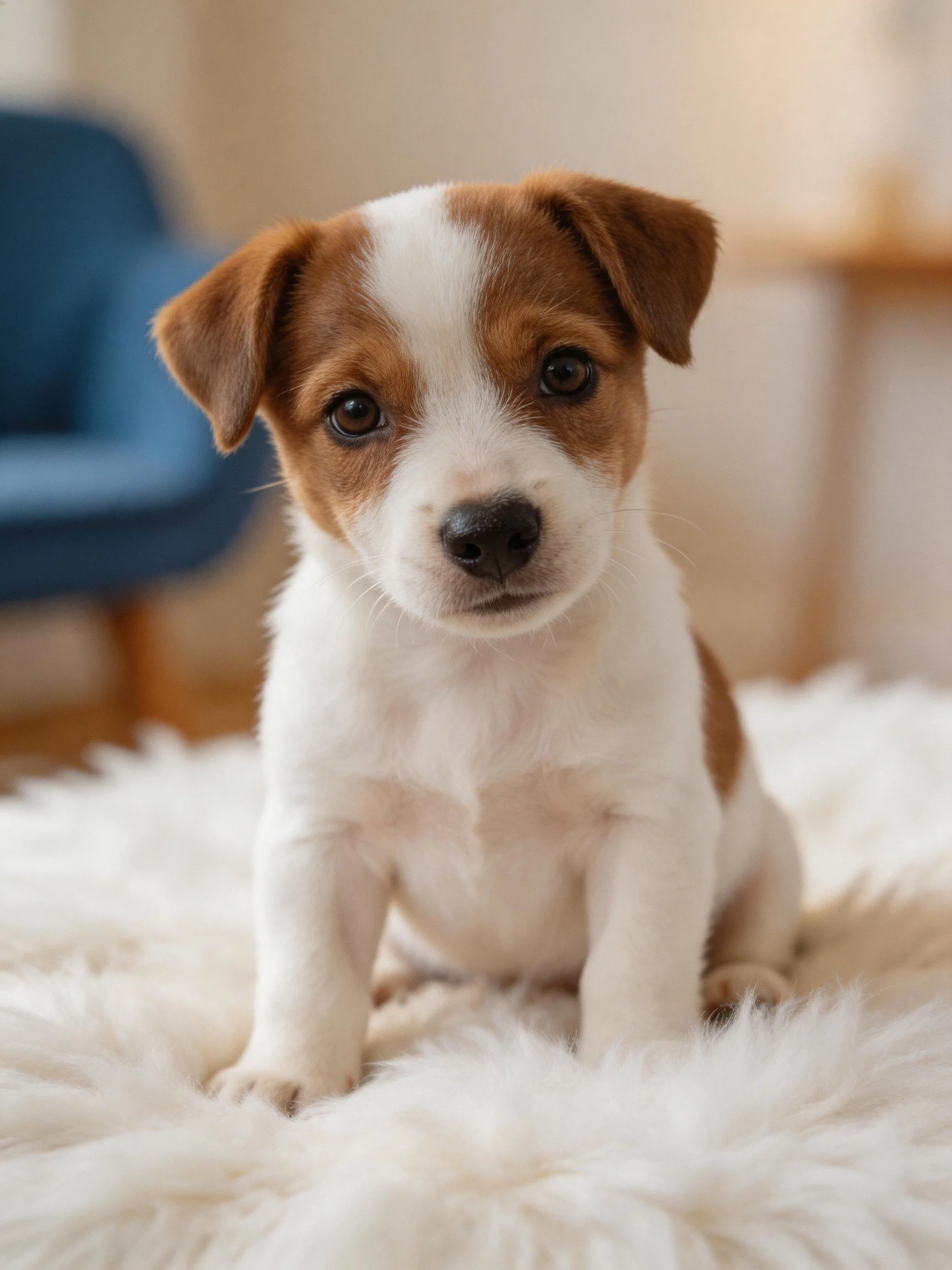 A young brown and white puppy sits calmly on an indoor rug