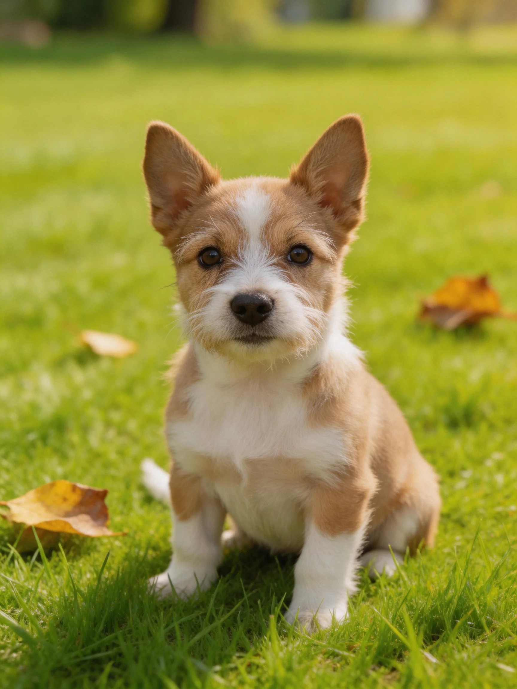 A small brown and white puppy sits calmly on vibrant green grass.