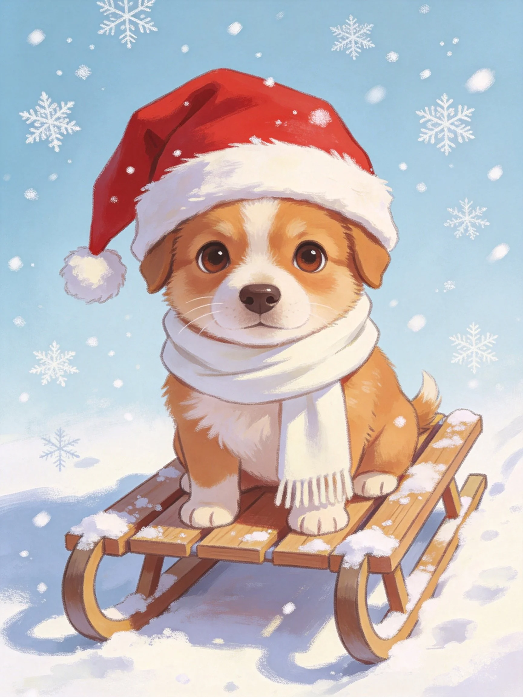 A cute puppy dressed for winter enjoys sledding amidst falling snowflakes.