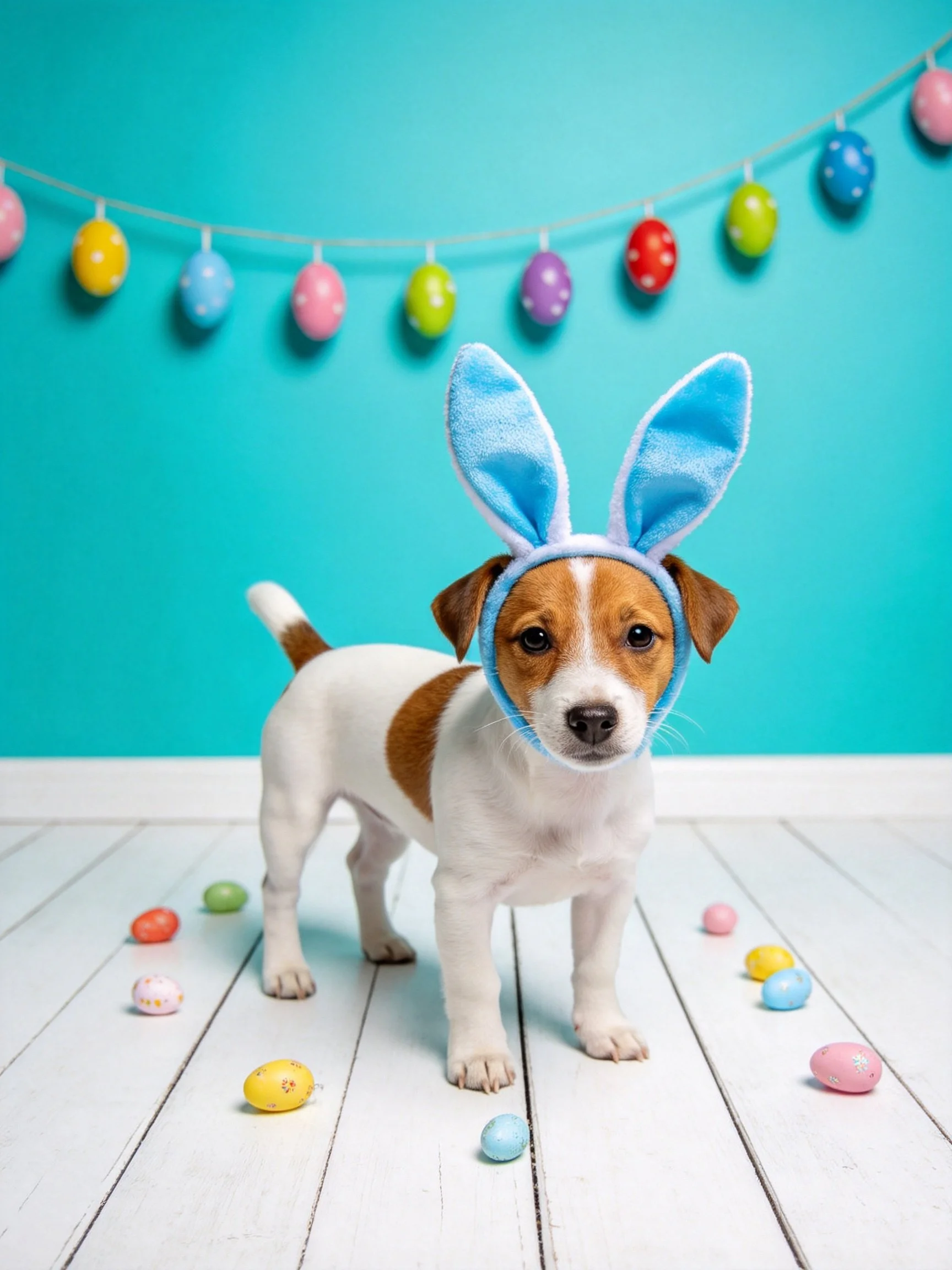 A small dog with bunny ears stands among colorful Easter eggs on a white floor.