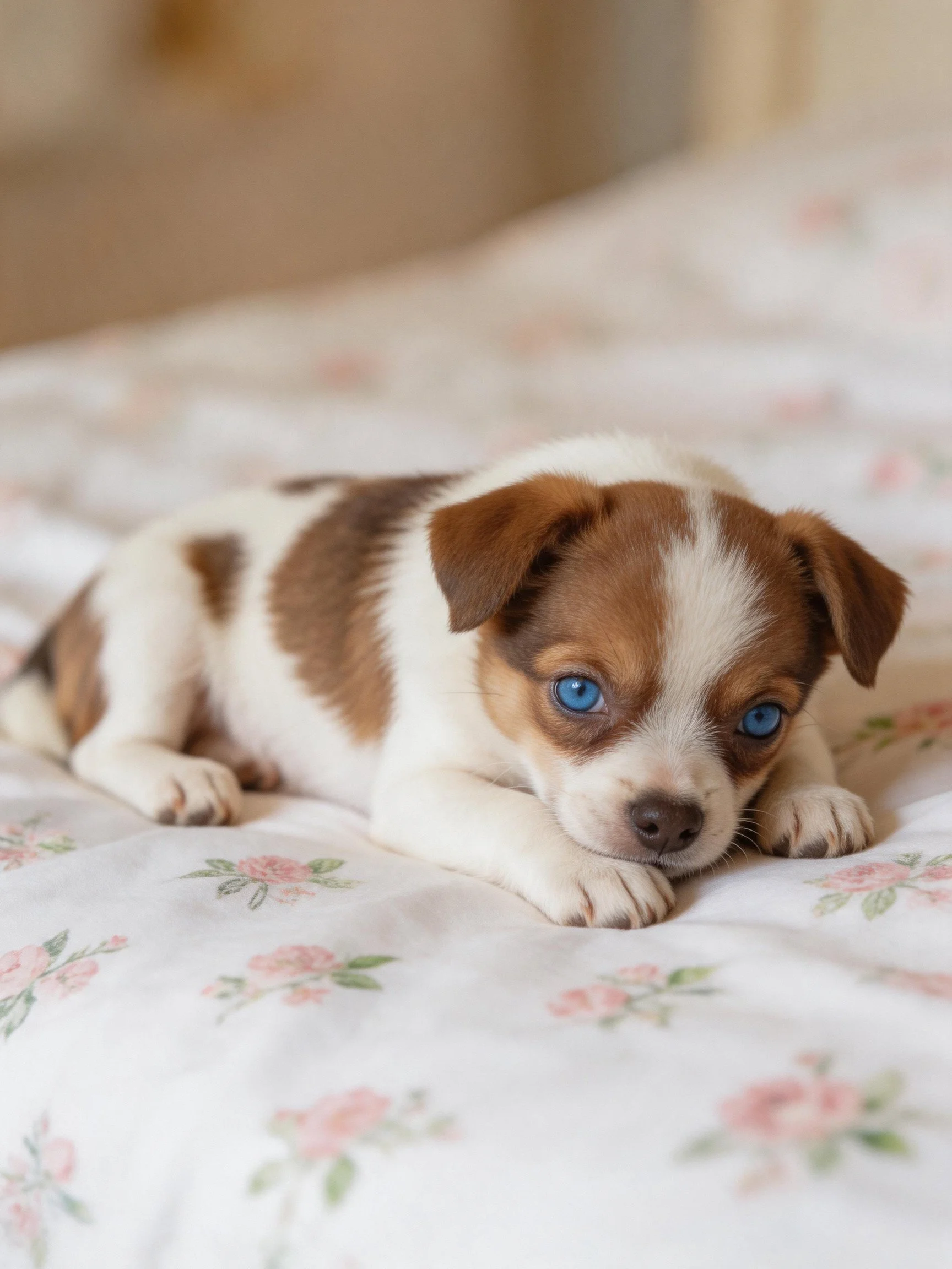 A small puppy with blue eyes lies on a floral-patterned bedspread