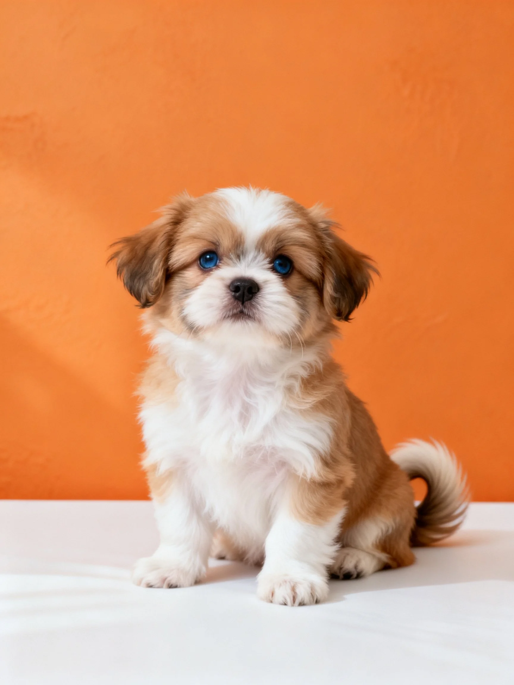 A small brown and white puppy with blue eyes sits calmly against an orange wall.