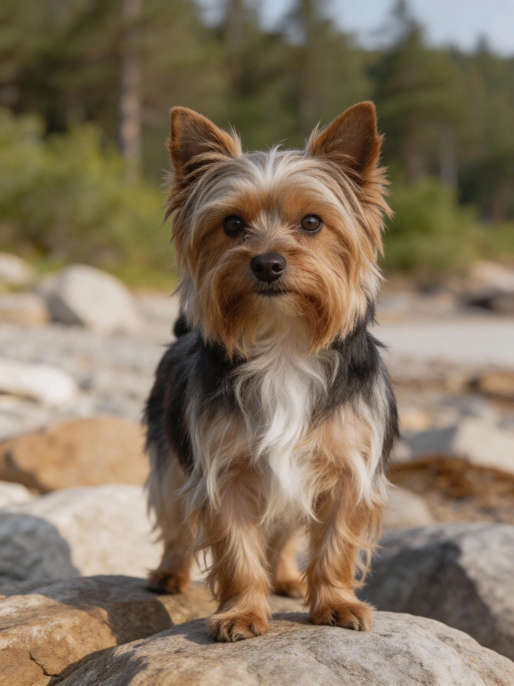 A small dog with mixed fur colors stands on rocks in an outdoor natural area.
