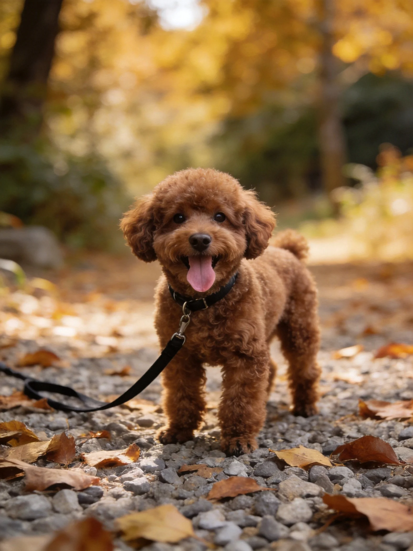 A cheerful small brown dog stands on a leaf-littered gravel path in autumn.