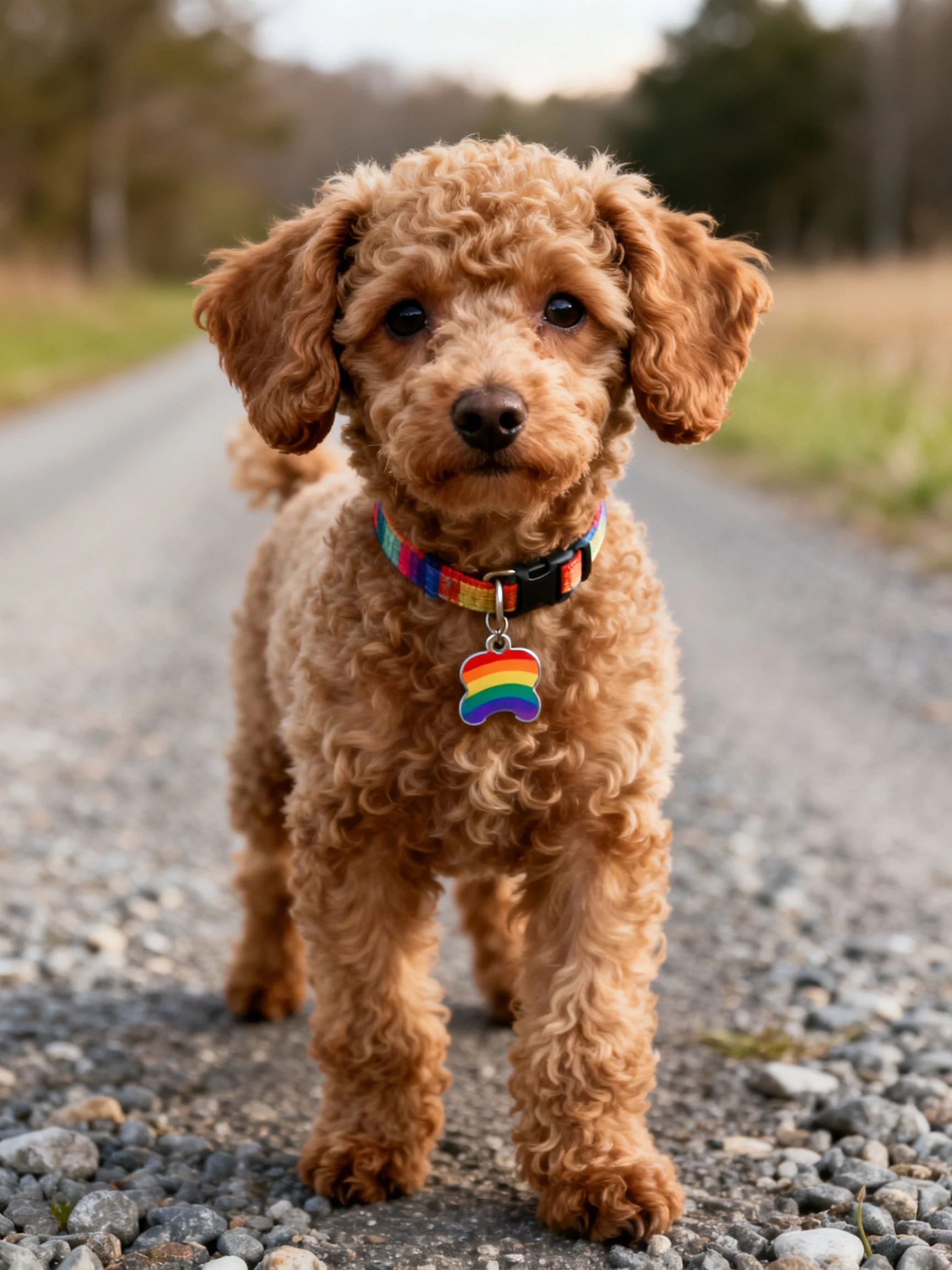 A small brown curly-haired dog stands on a gravel path wearing a colorful collar