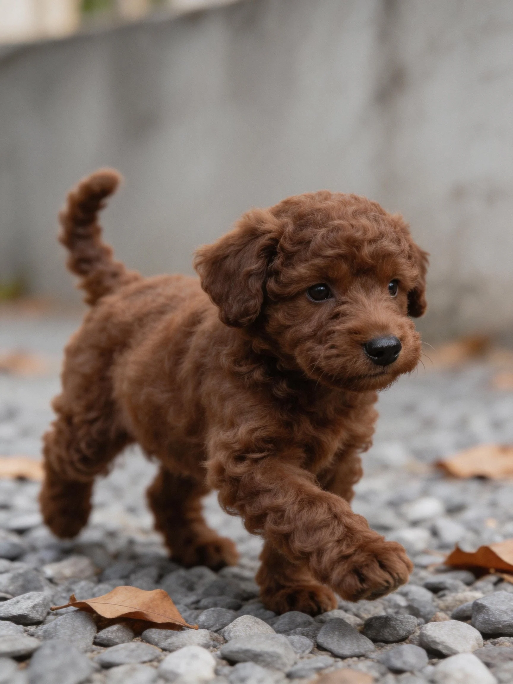 A small brown curly puppy walks on a gravel path with scattered leaves.