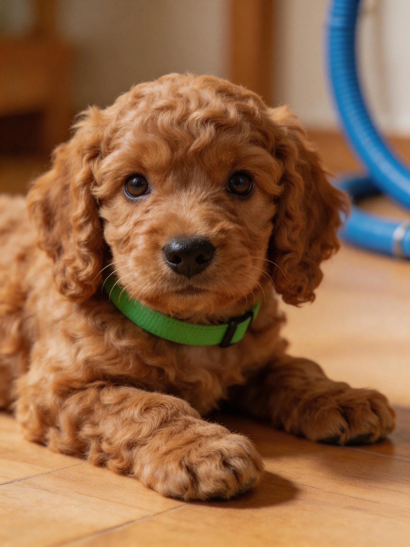 A small brown curly-haired puppy wearing a green collar relaxes on a wooden floor.