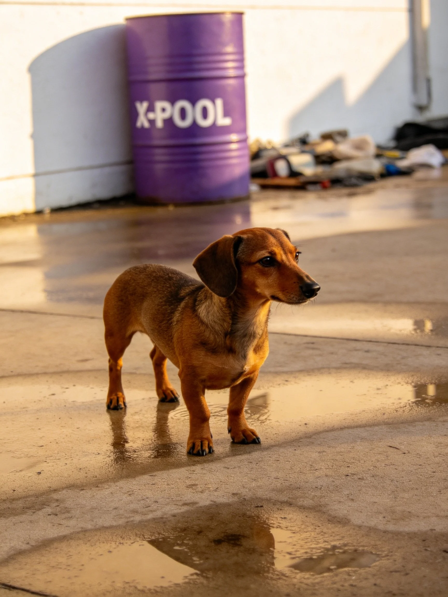 A small brown dachshund stands near a purple barrel on wet pavement.
