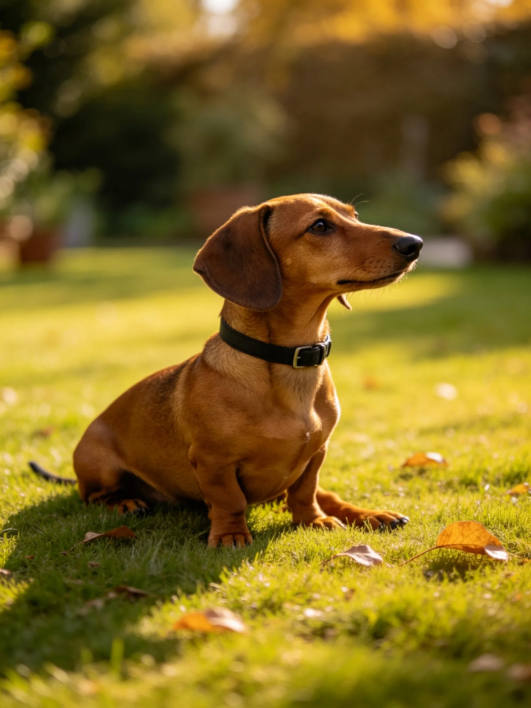 A small brown dachshund with a black collar sits on sunlit green grass