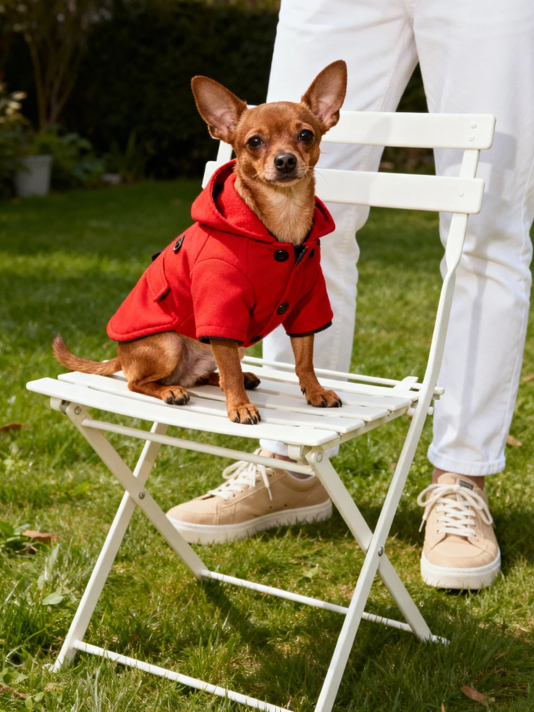 A small brown dog in a red coat sits on a white chair near someone in white pants