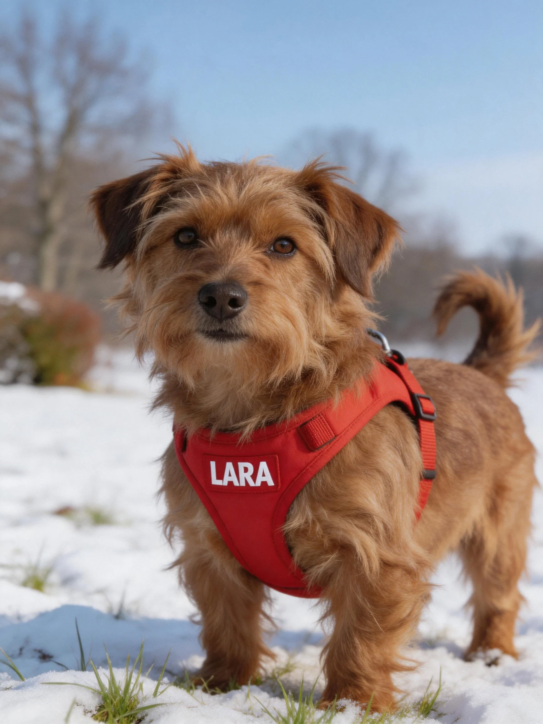 A small brown dog in a red harness stands outdoors on snow