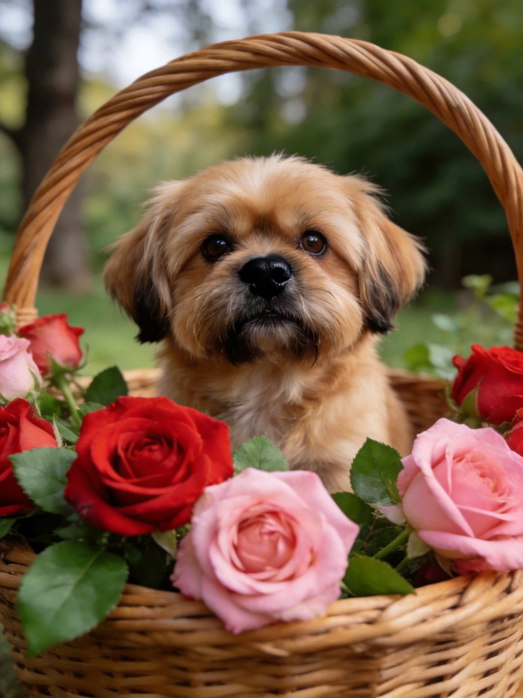 A small brown dog sits in a wicker basket filled with red and pink roses.