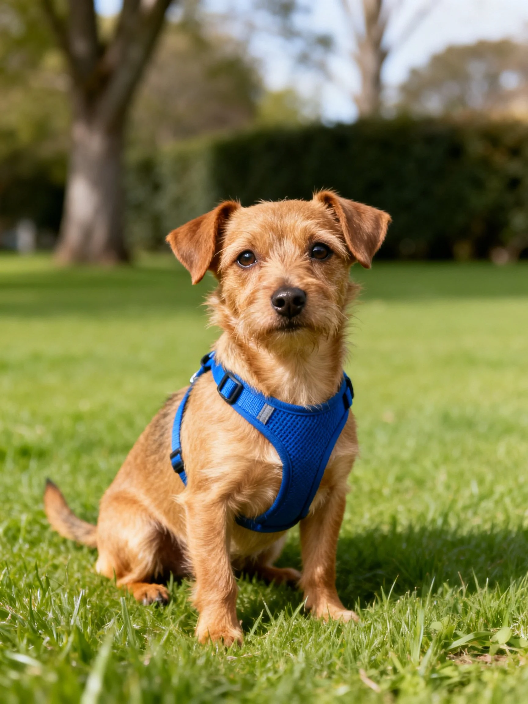 A small brown dog wearing a blue harness sits on grass in a sunny park.
