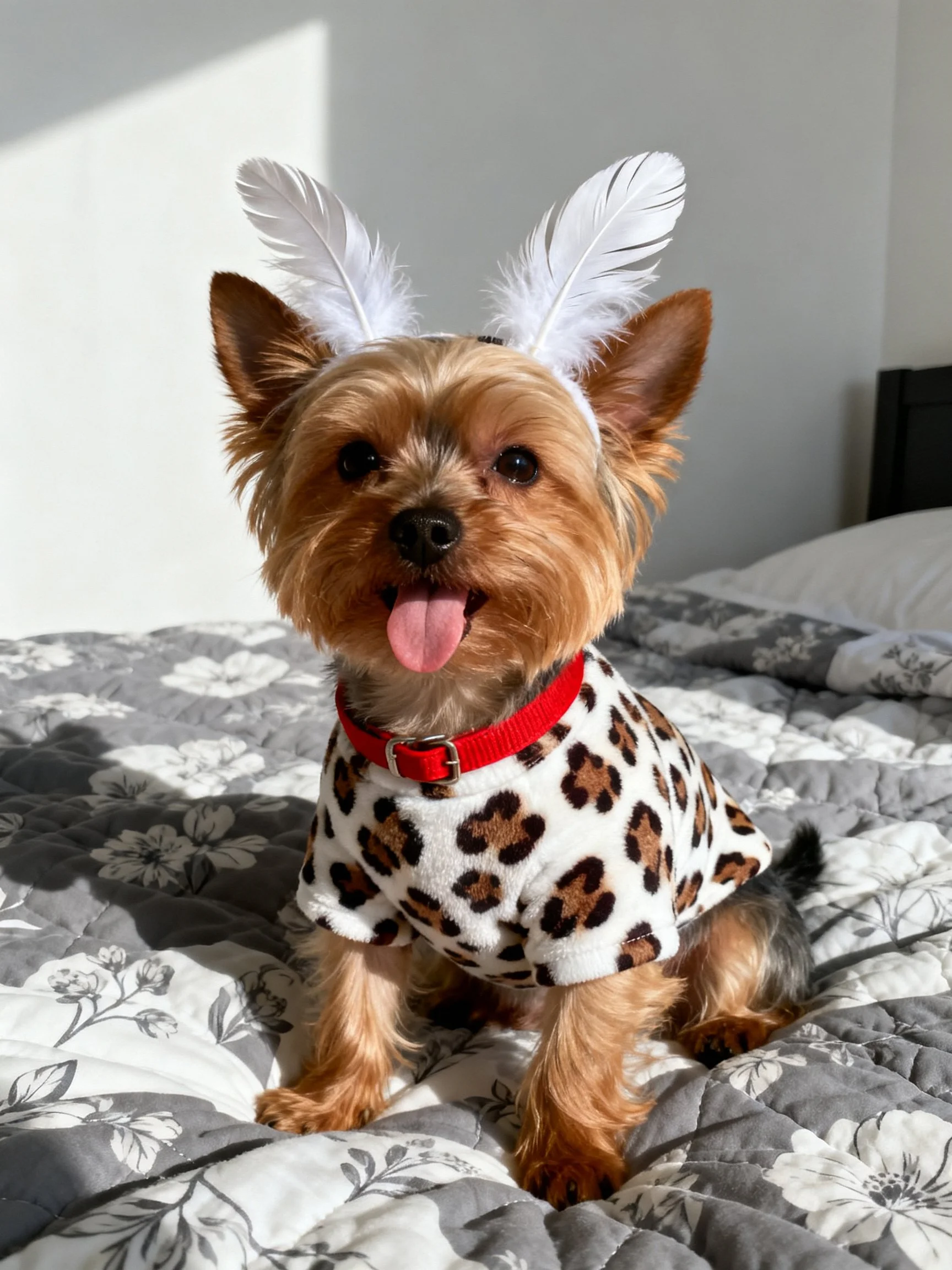 A small brown dog sits on a bed in a leopard print outfit with feathers.