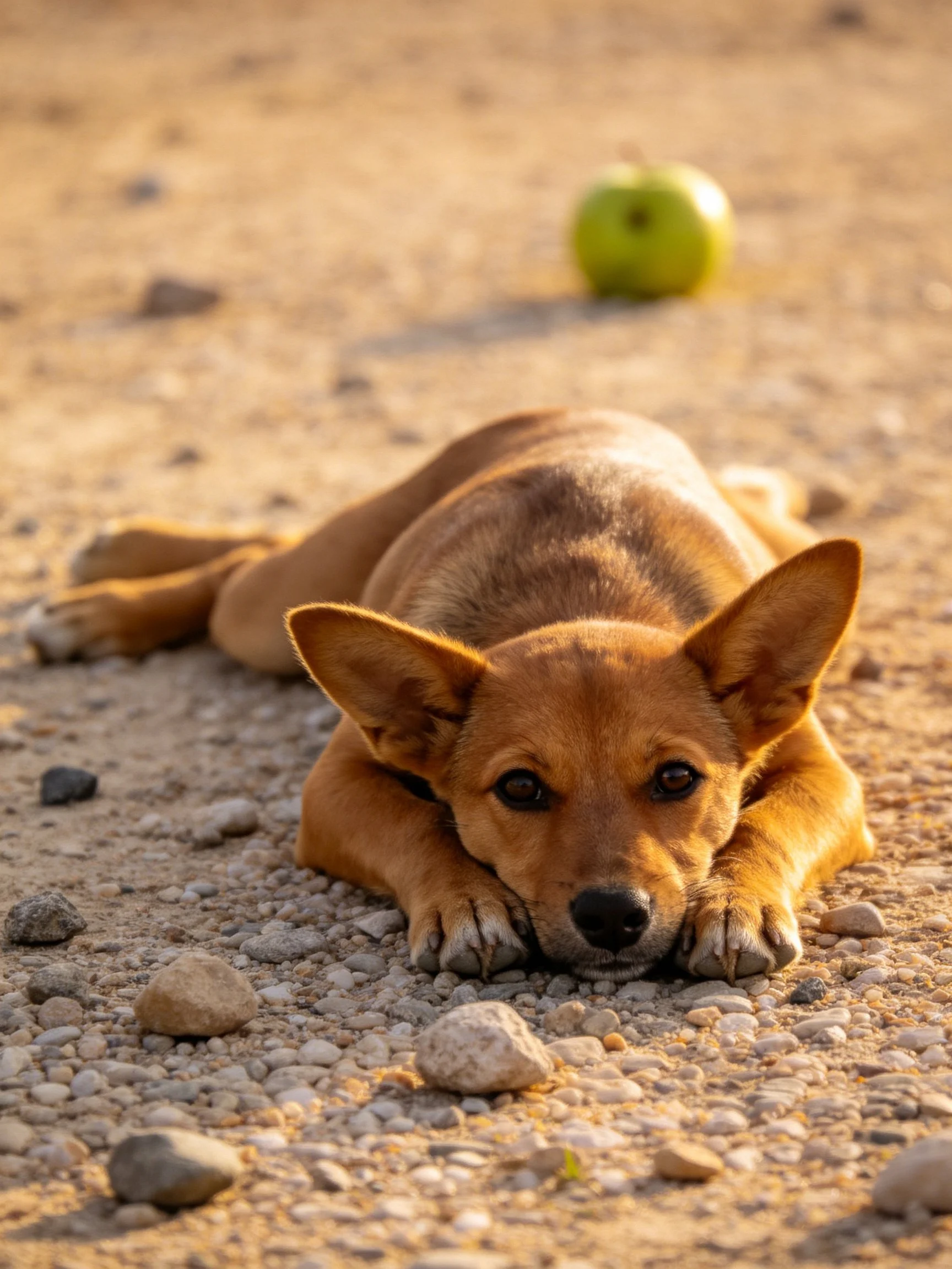 A small brown dog lies on gravel with a green apple behind