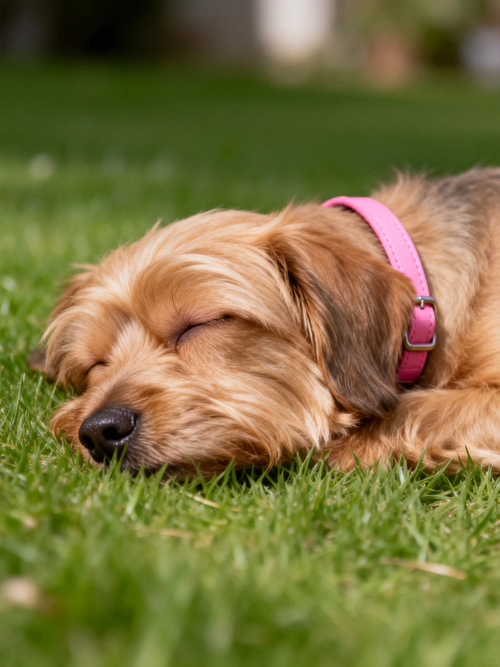 A small brown dog naps peacefully on green grass outdoors.