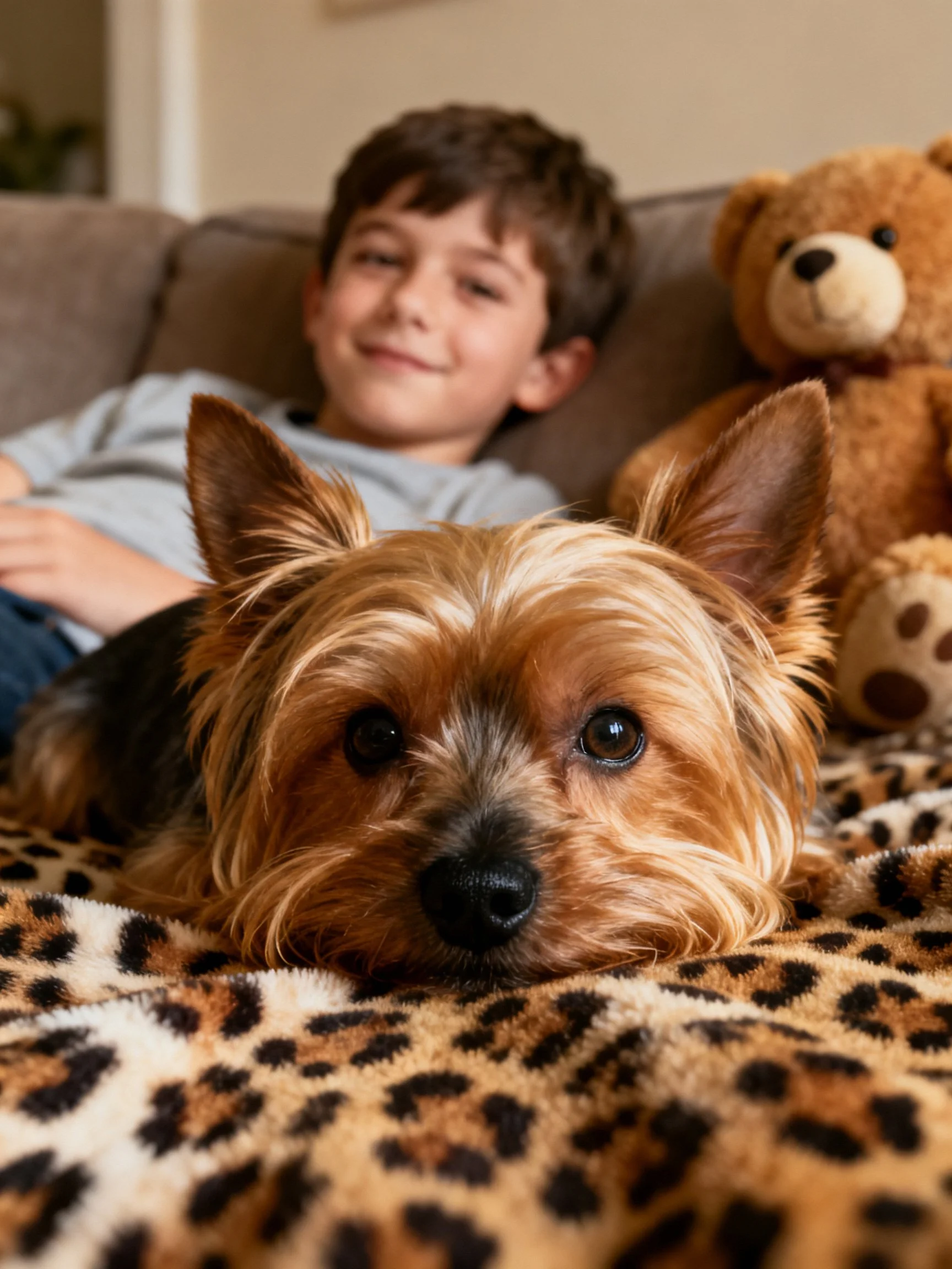 A small brown dog relaxes on a leopard print blanket with a boy and teddy bear nearby.