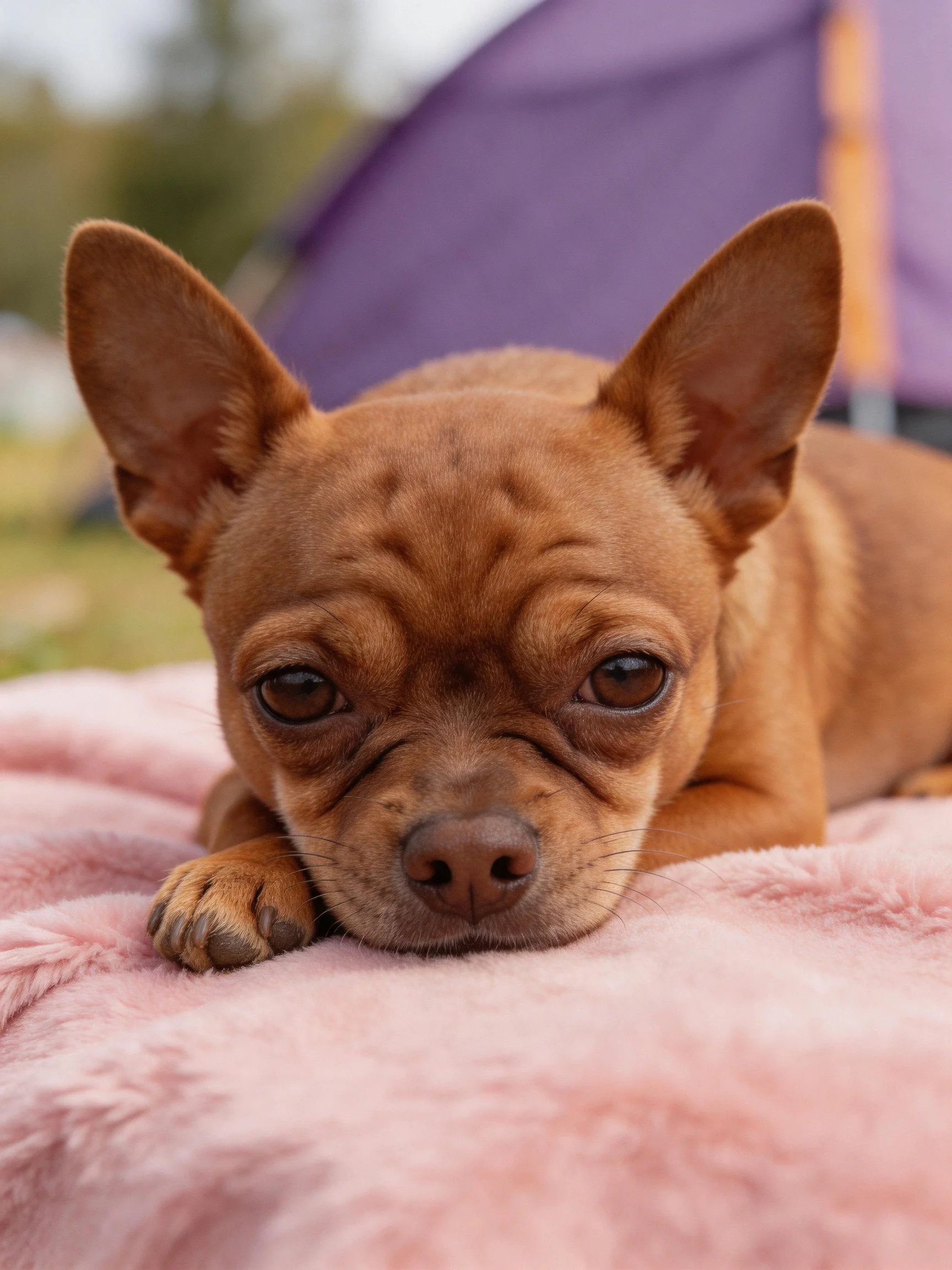 A small brown dog relaxes on a pink blanket with a purple tent in the background.