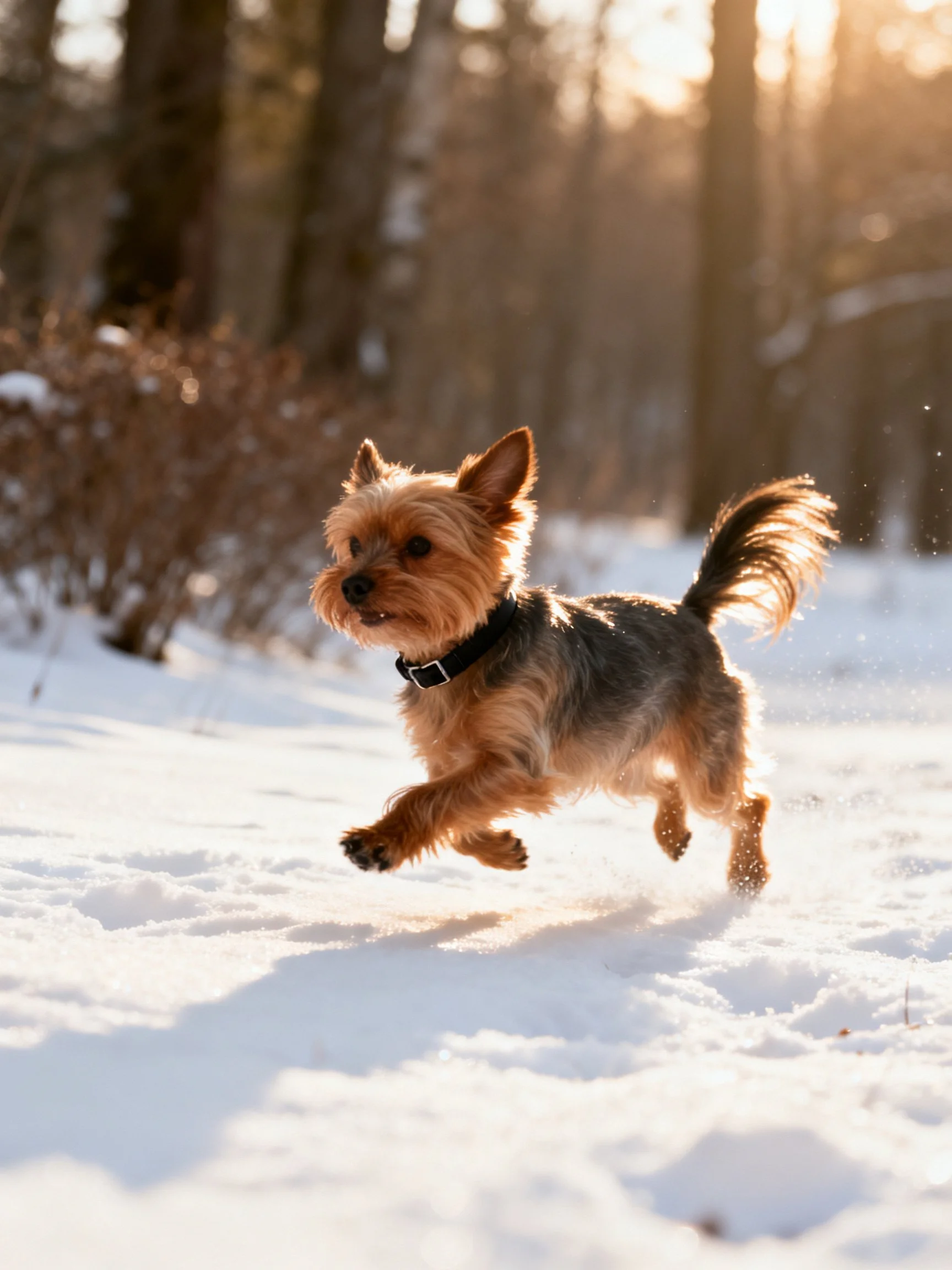 A small dog runs through a snowy forest path.