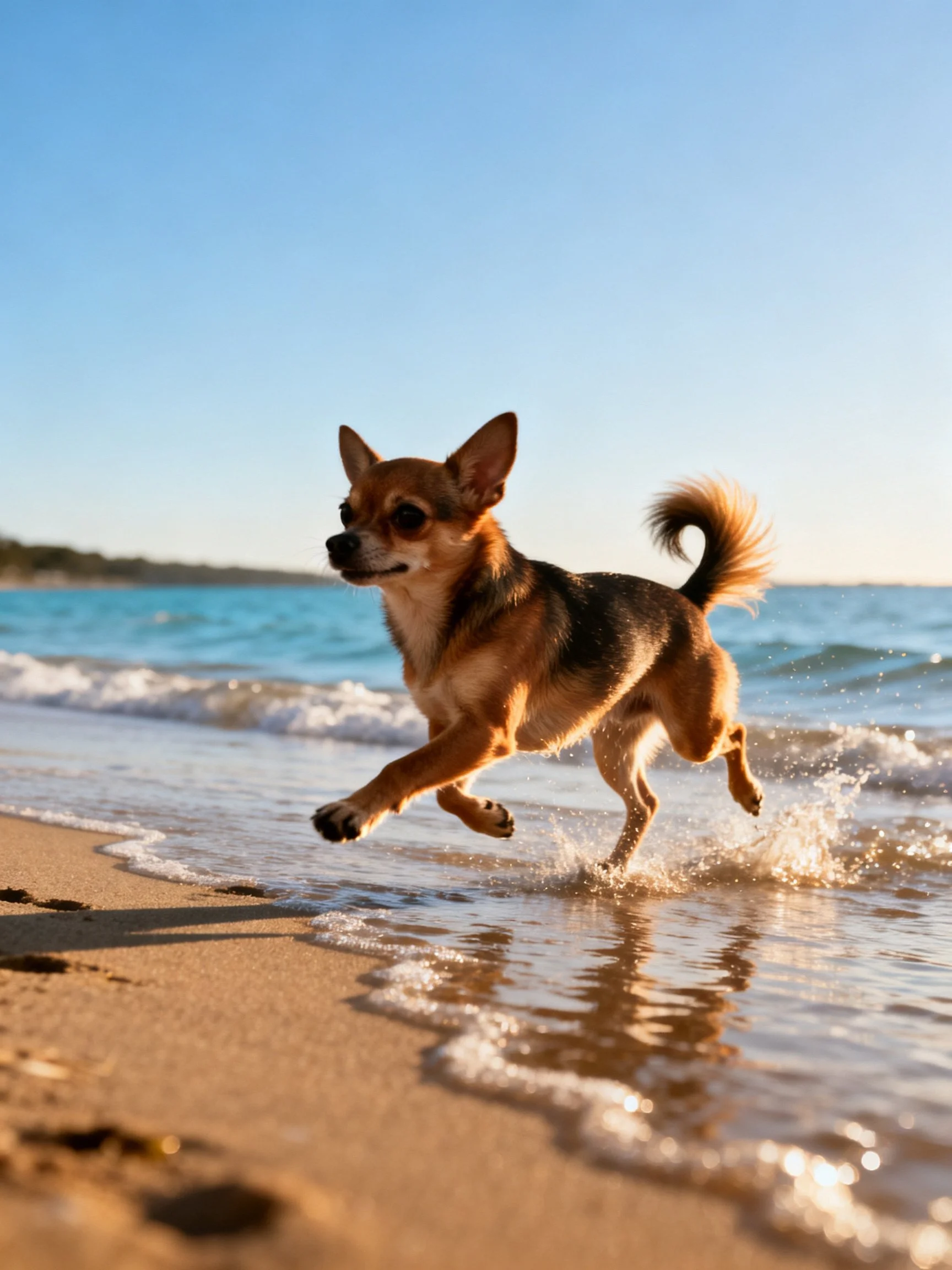 A small brown dog dashes along a sandy beach near the ocean.