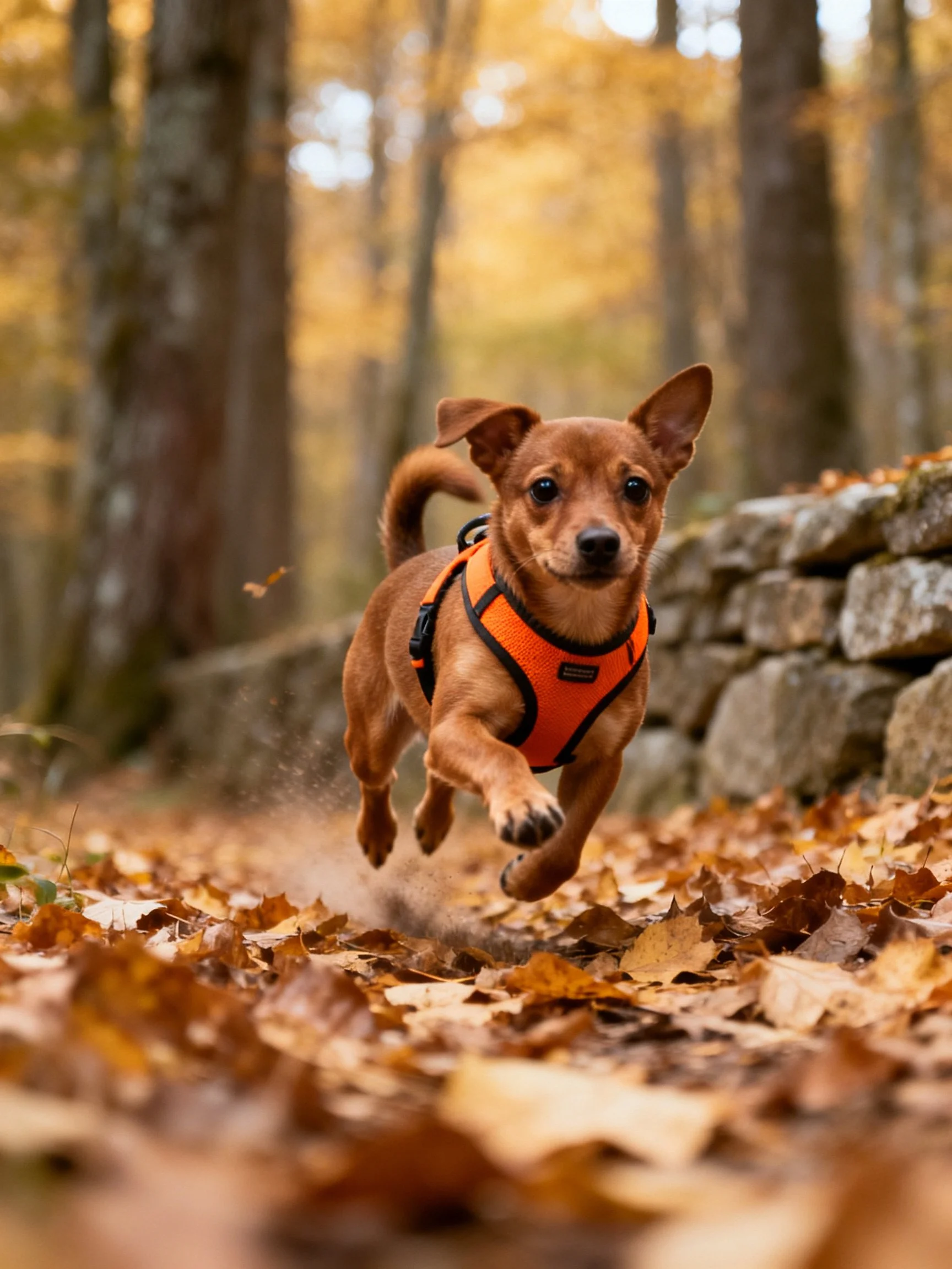 A small brown dog dashes through autumn leaves while wearing an orange harness.