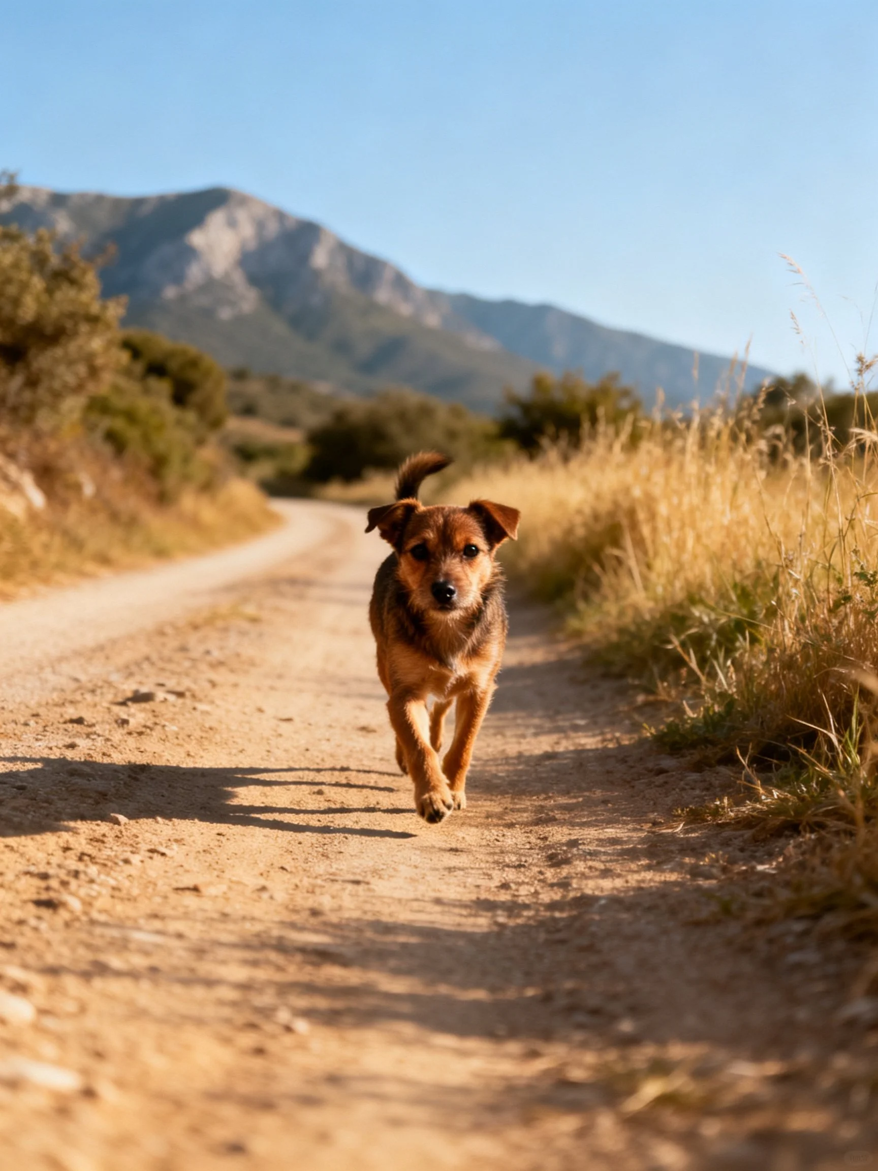 A small brown dog runs toward the viewer on a sunny dirt road with natural surroundings.