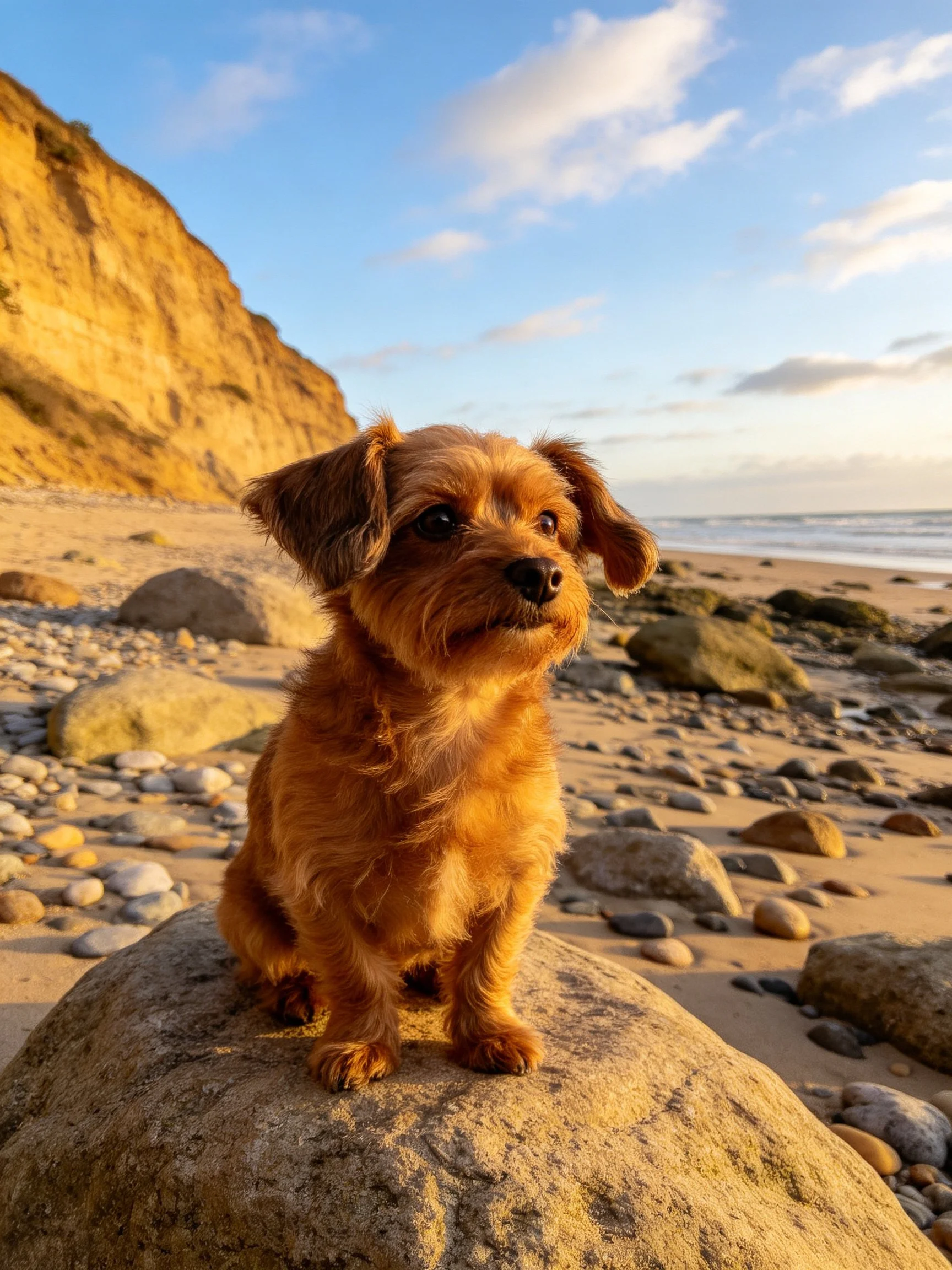 A small brown dog rests on a rock amid a rocky beach with cliffs in the distance.