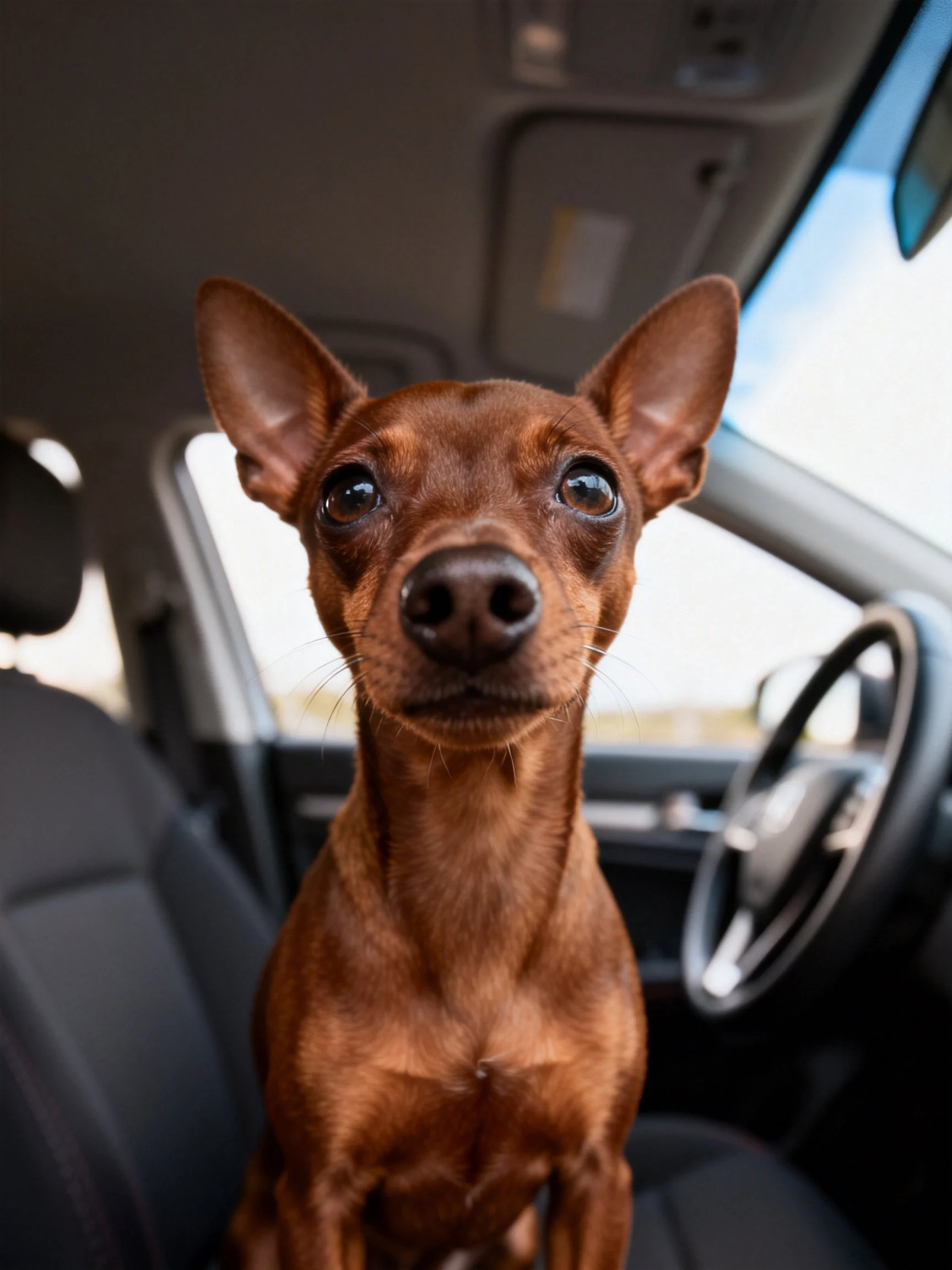 A small brown dog sits attentively inside a car, looking toward the viewer.