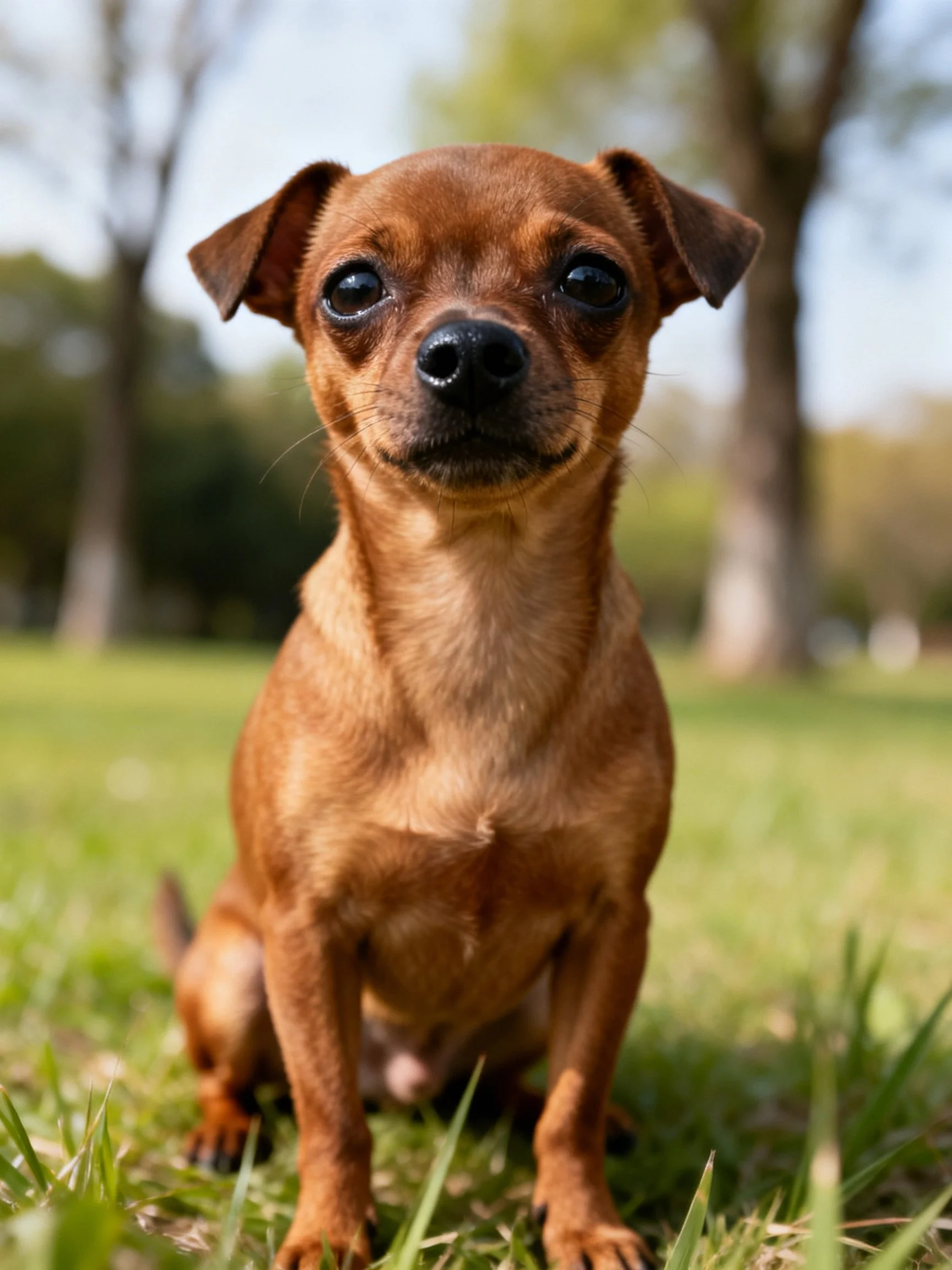 A small brown dog sits attentively on green grass