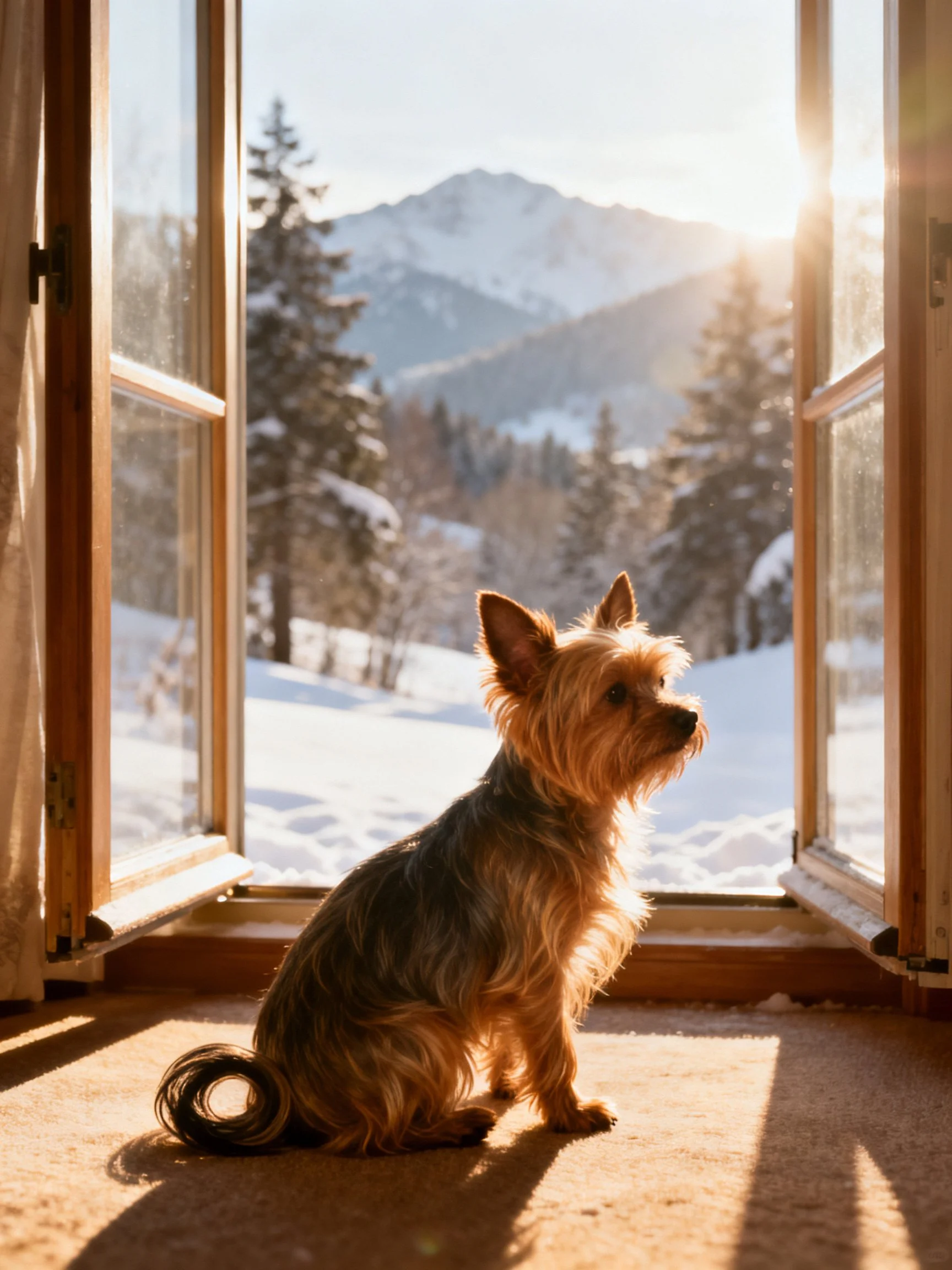 A small dog sits by an open window overlooking a snowy mountain landscape.