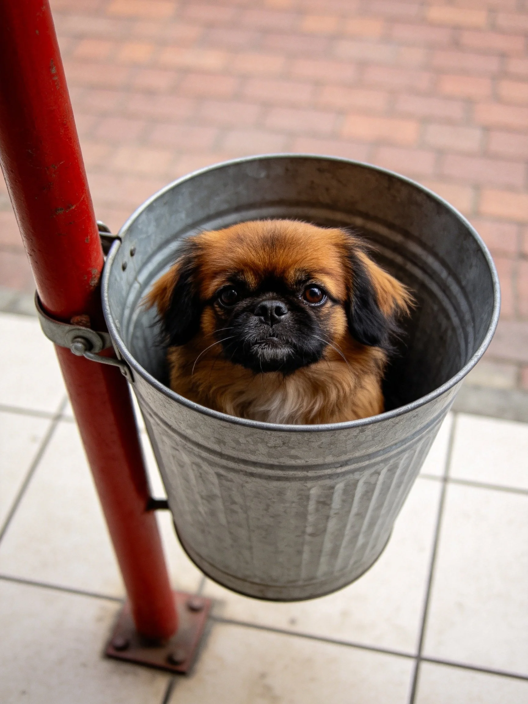 A small brown dog sits inside a galvanized metal bucket near a red pole structure