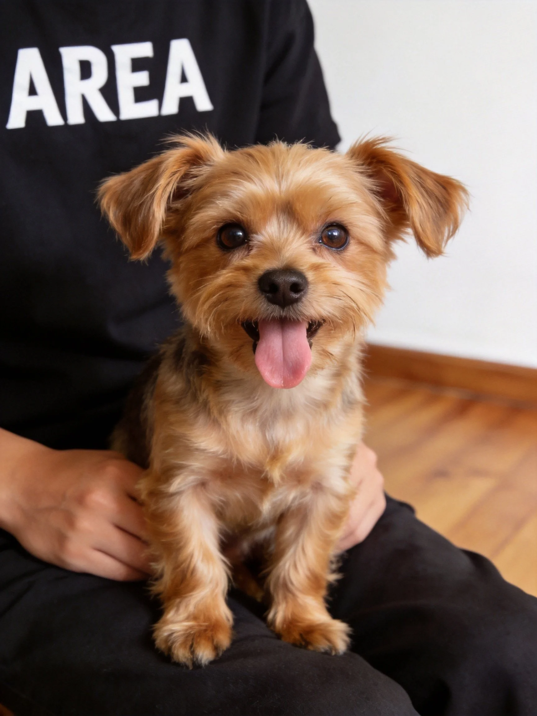 A cheerful small dog sits on a person’s lap wearing a black ‘AREA’ shirt