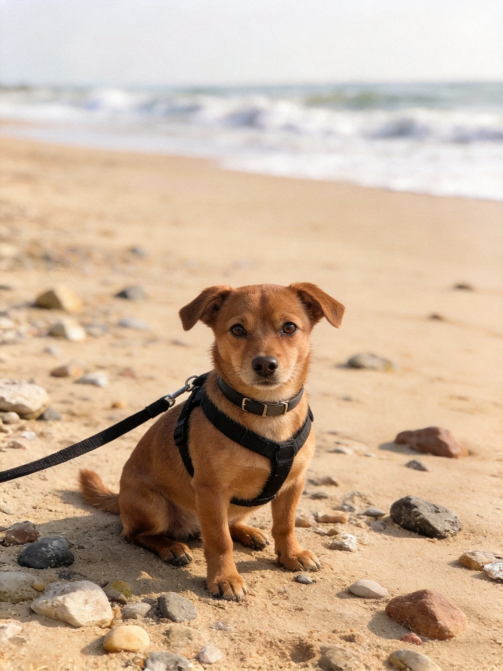 A small brown dog sits calmly on a rocky sandy beach by the ocean.