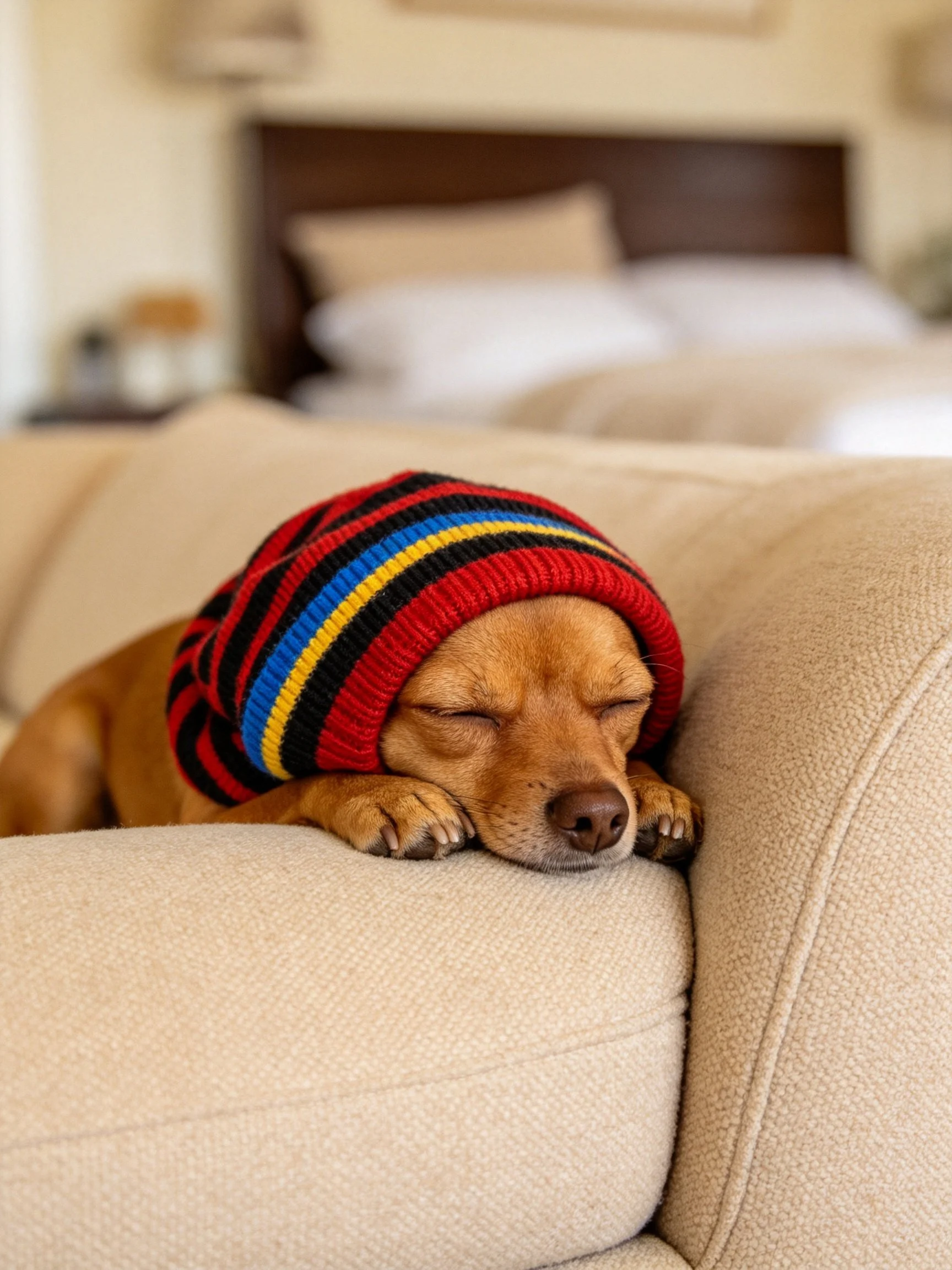 A small brown dog naps on a beige couch while wearing a colorful striped knit hat.
