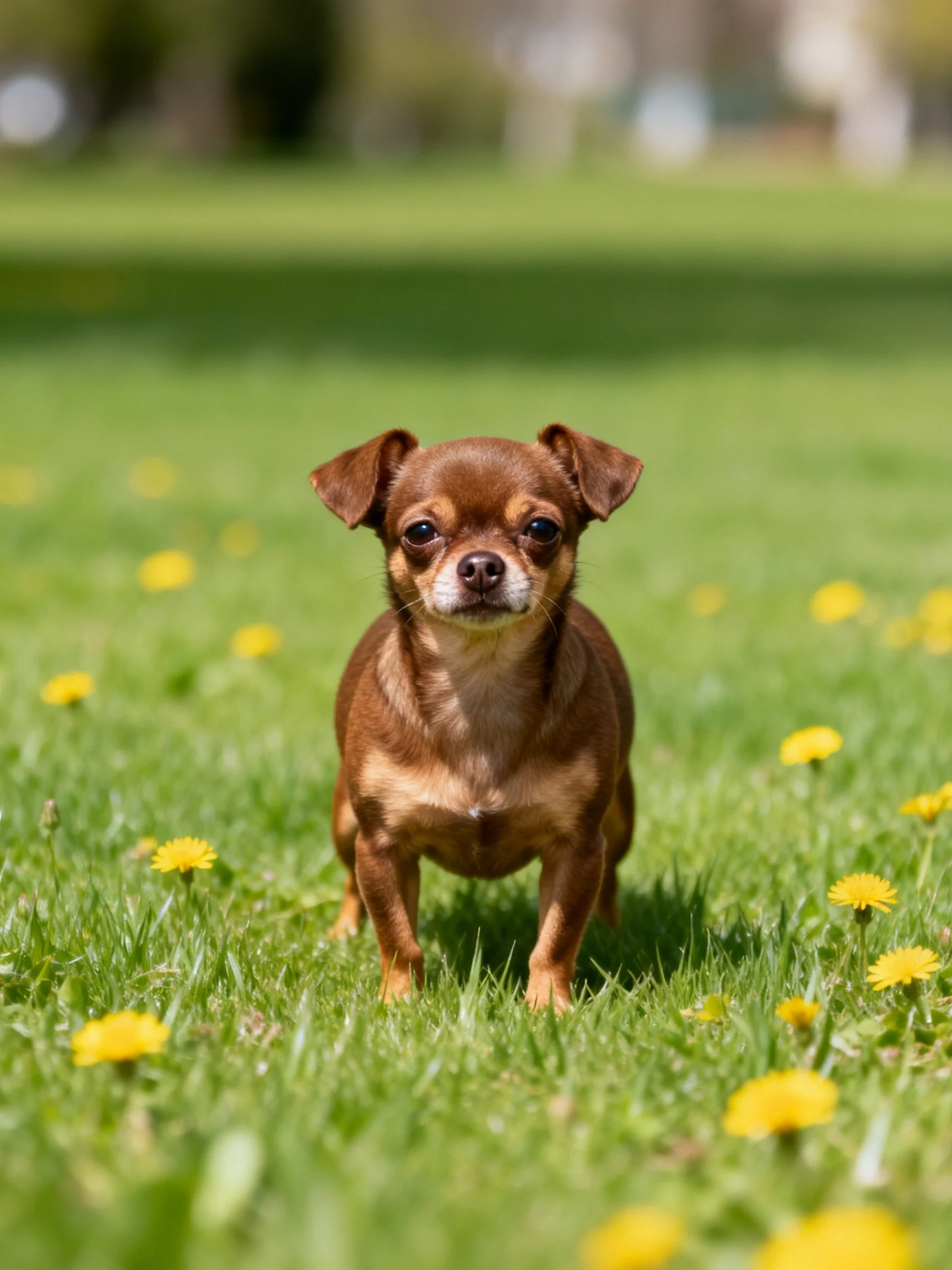 A small brown dog stands in a sunlit grassy area dotted with yellow flowers.