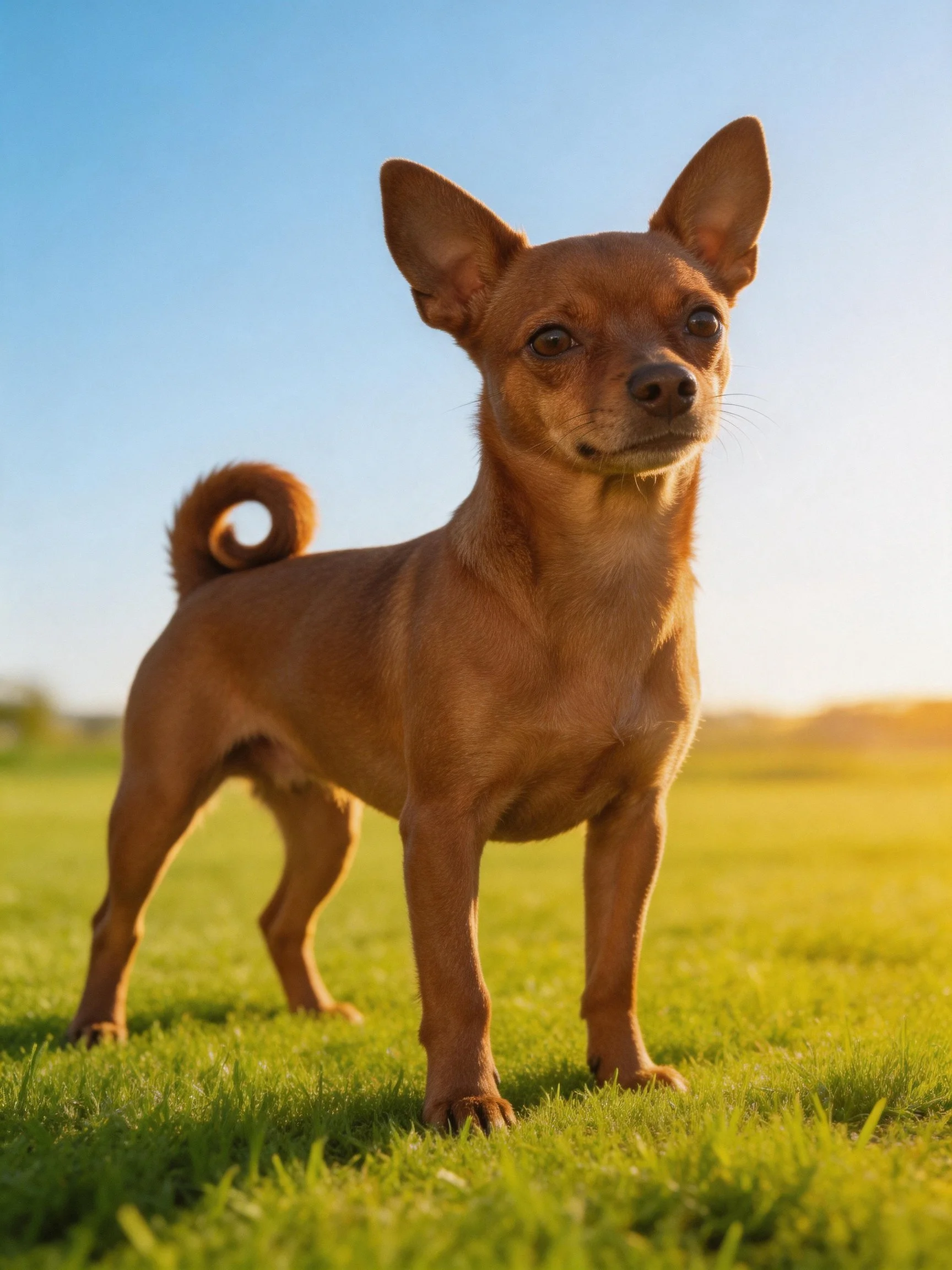 A small brown dog stands alert on green grass in a sunny outdoor setting.