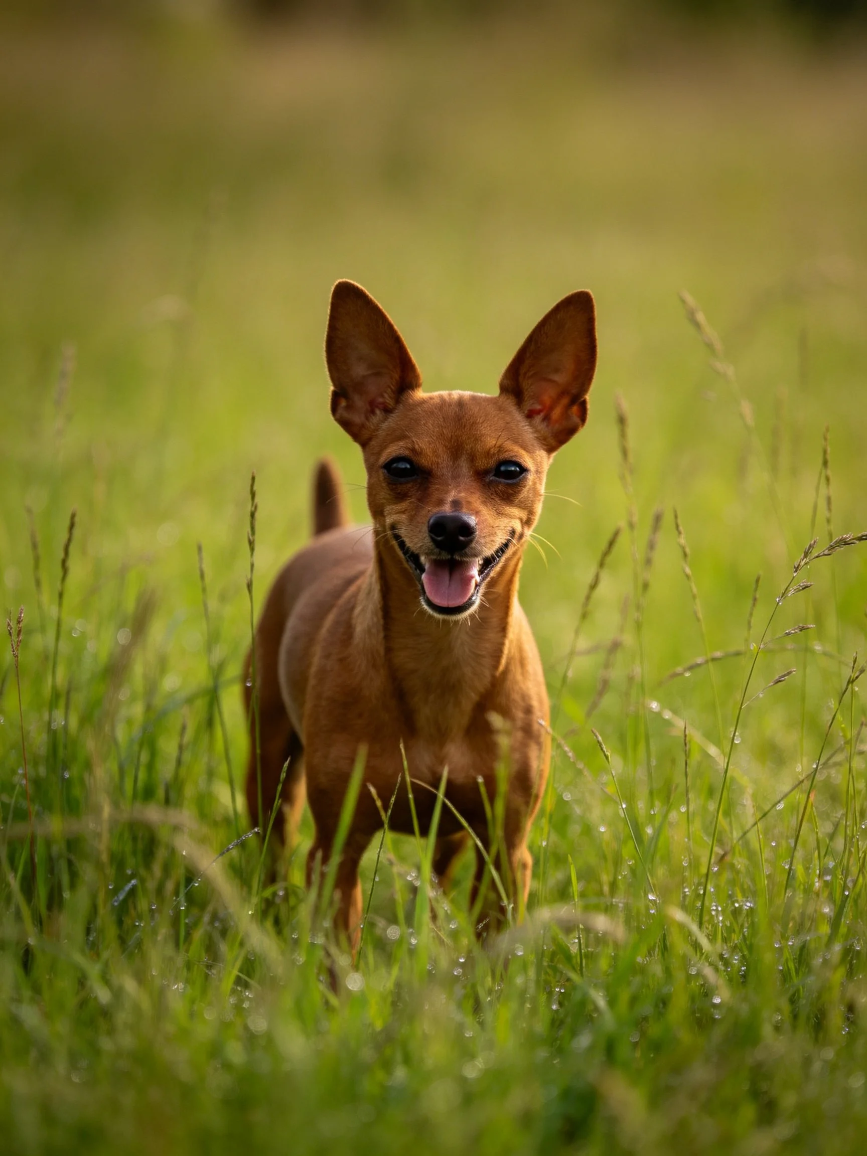 A small brown dog stands in a sunlit field of tall green grass.