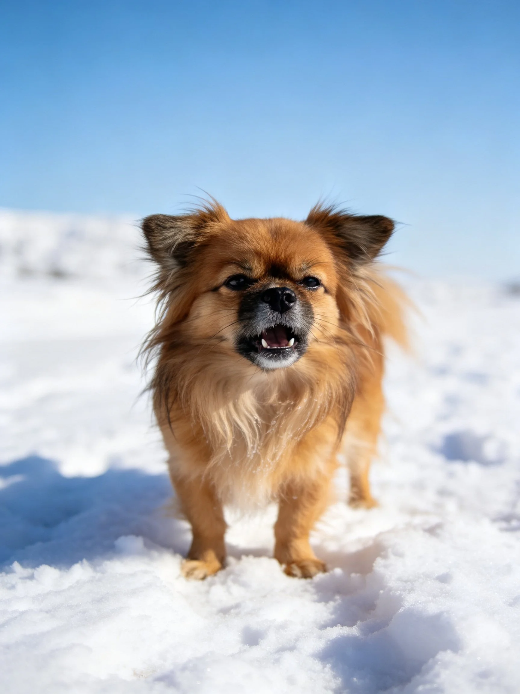 A small brown dog stands in bright white snow.