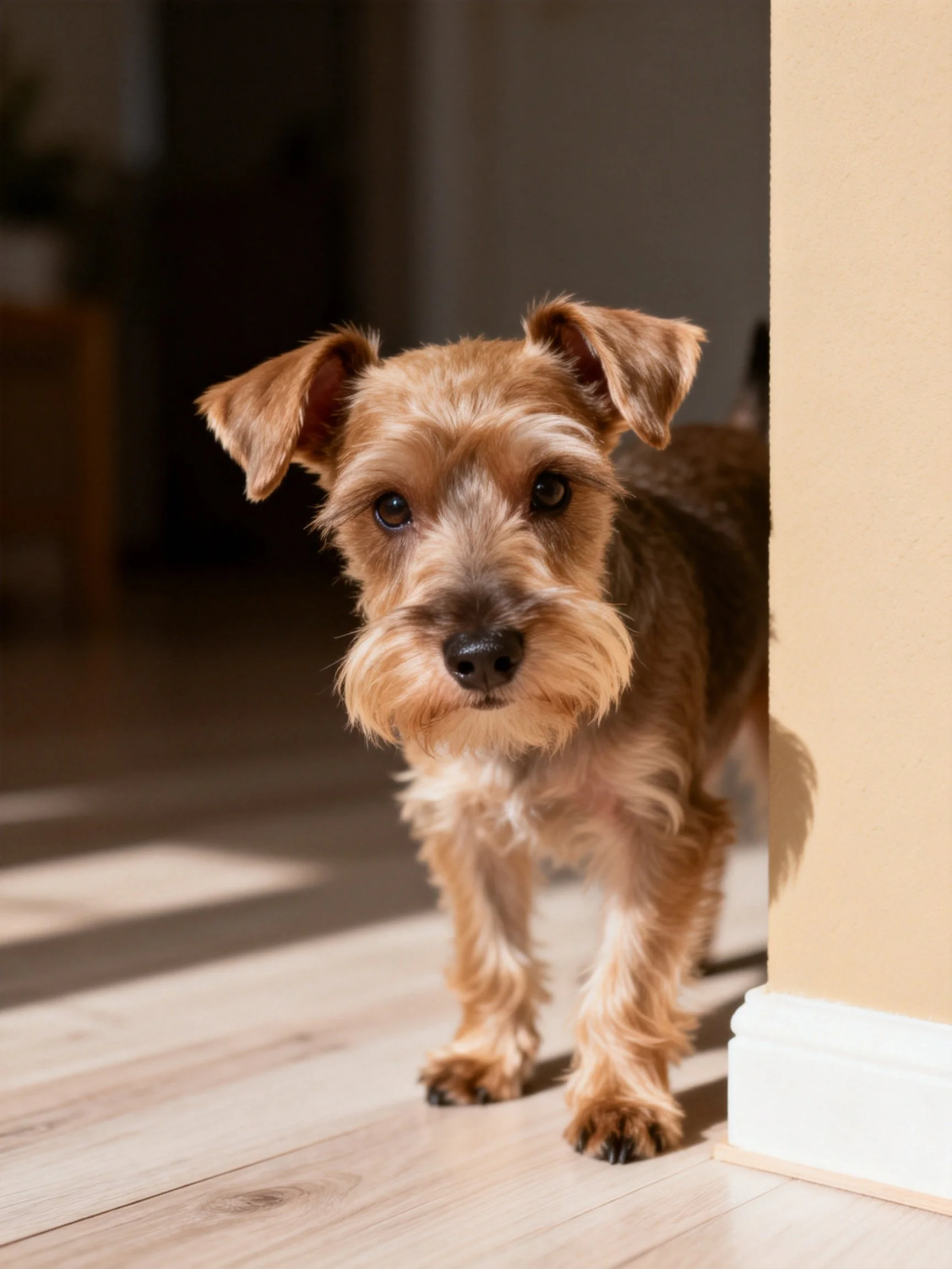 A small brown dog peeks into a sunlit room from behind a wall.