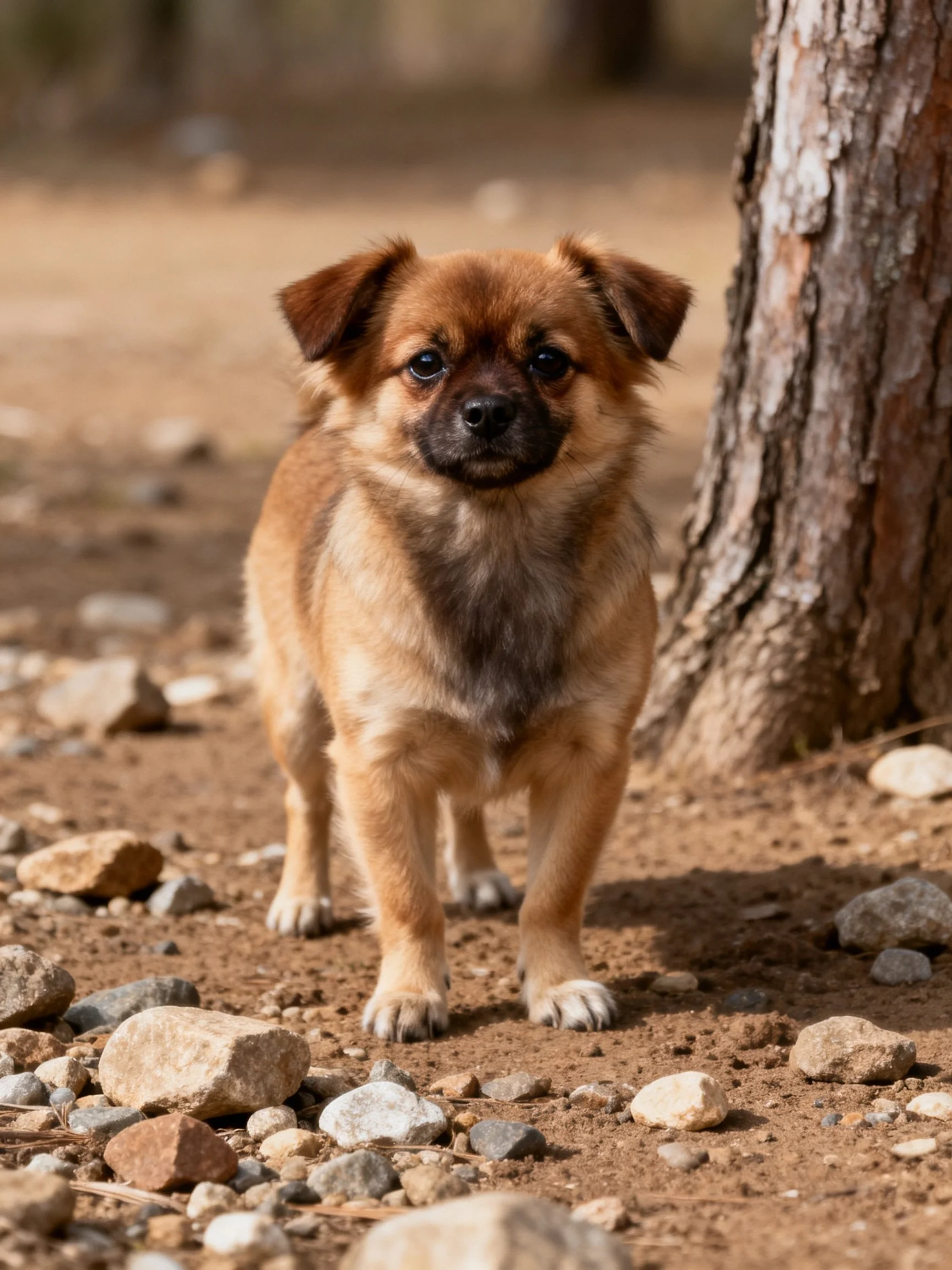 A small brown dog stands near a tree trunk in a rocky outdoor area.