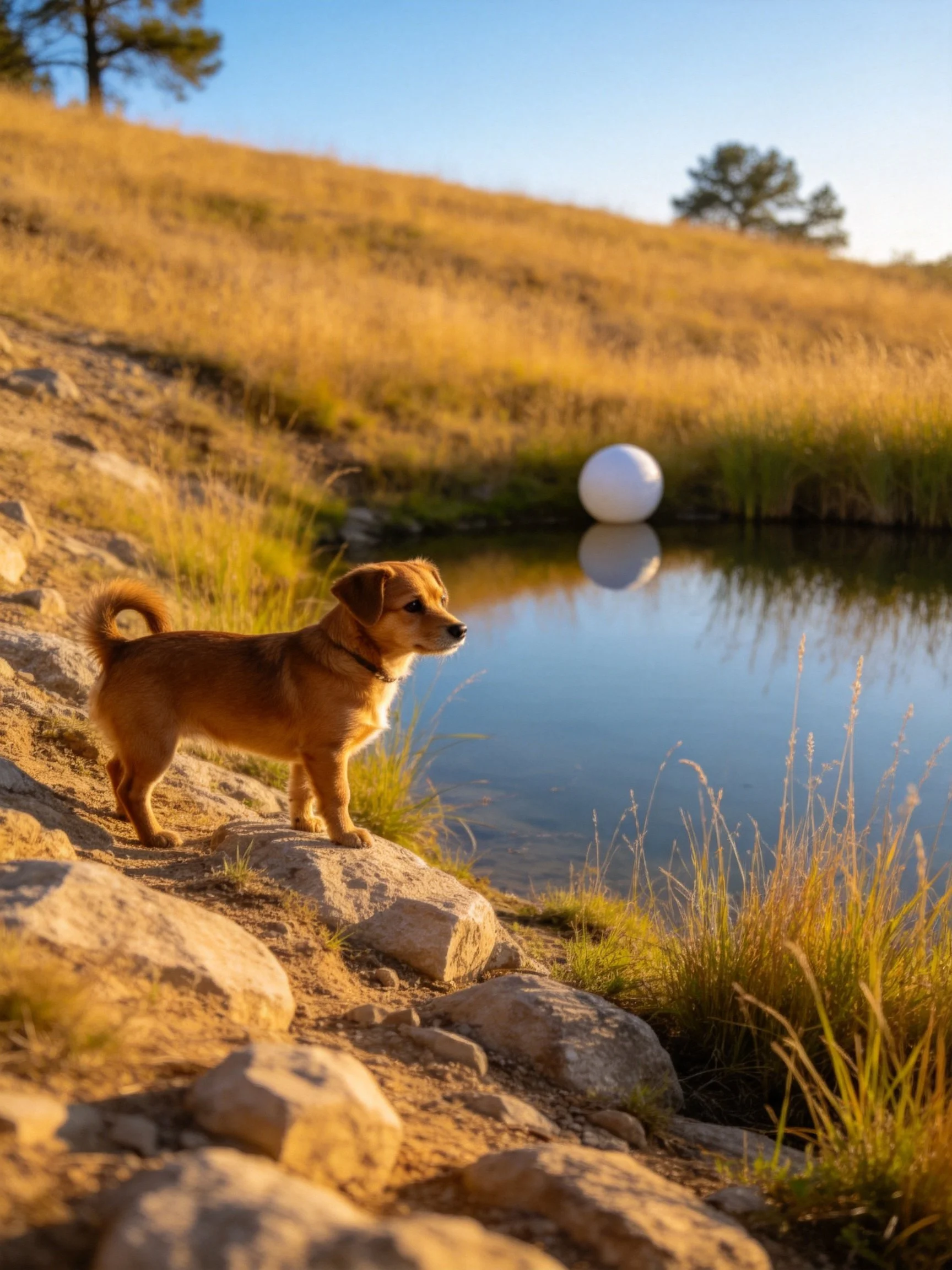 A small brown dog stands on rocks beside a calm pond in a sunlit natural setting.