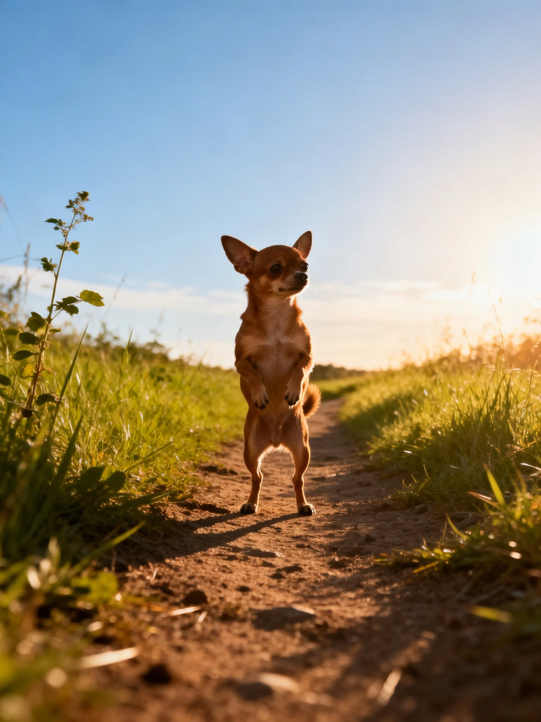 A small brown dog stands upright on a sunlit dirt path amid tall grass