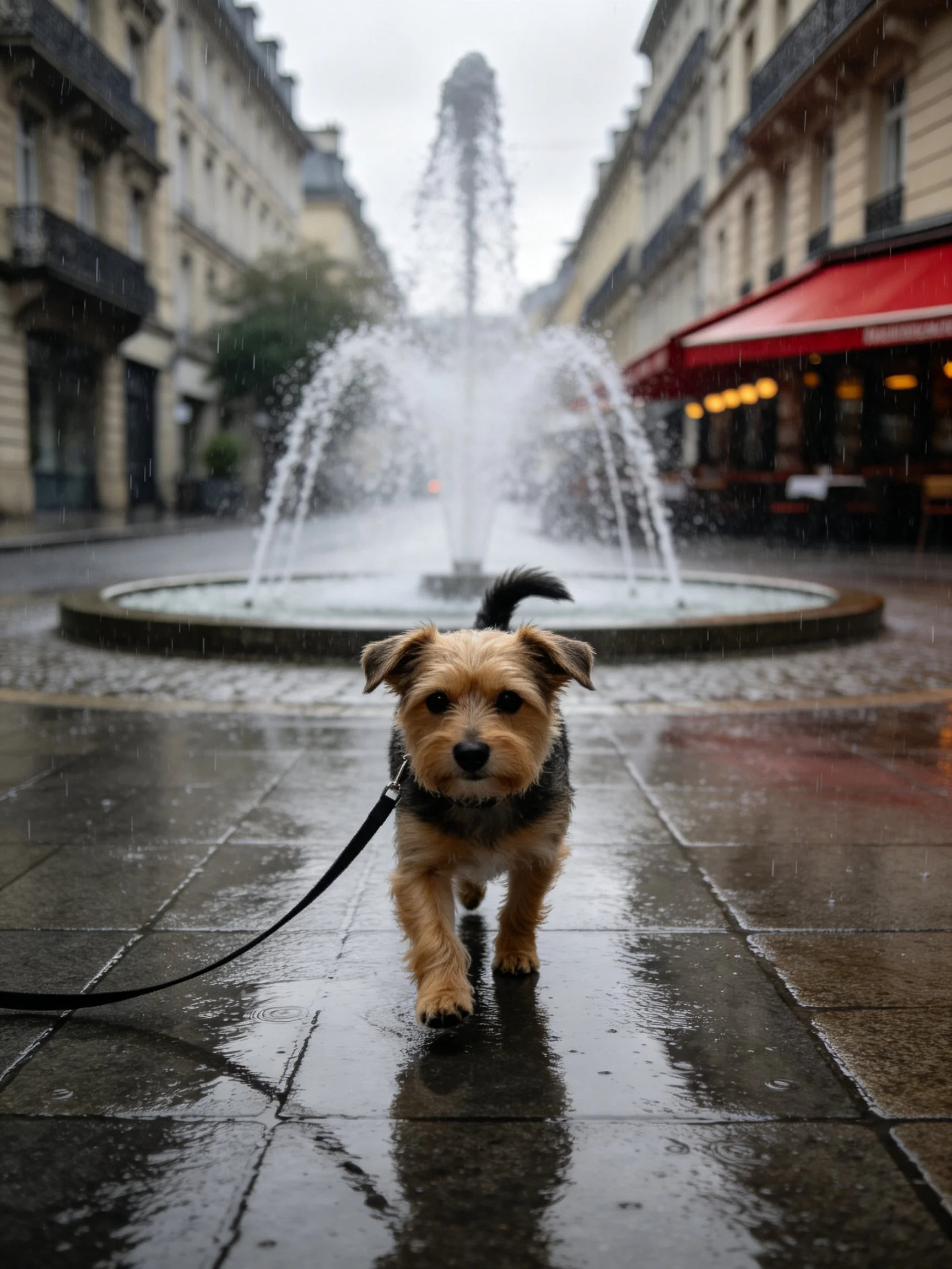 A small brown dog walks near a large fountain on a rainy city street