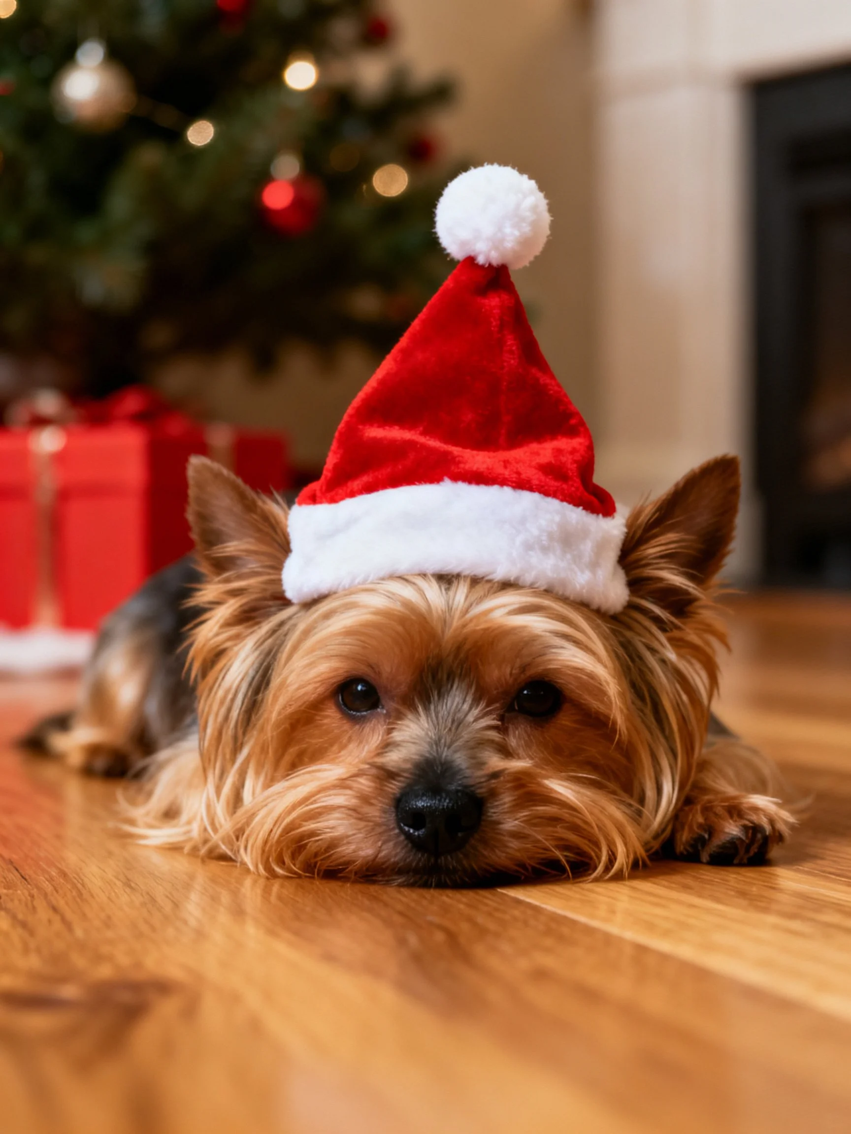 A small brown dog wears a red Santa hat near a decorated Christmas tree