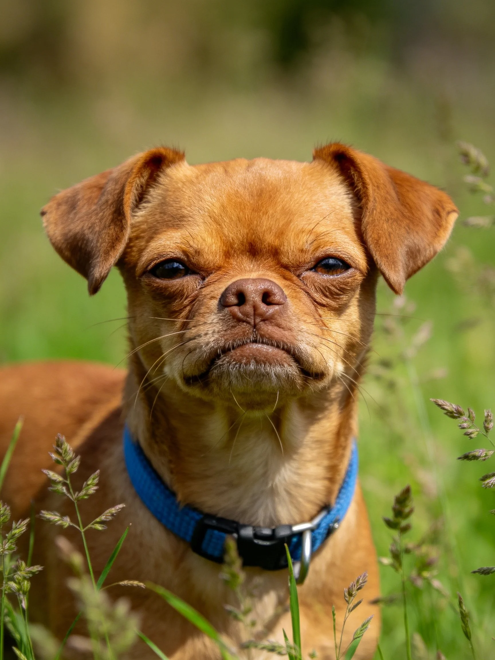 A small brown dog with a blue collar sits among tall green grass.