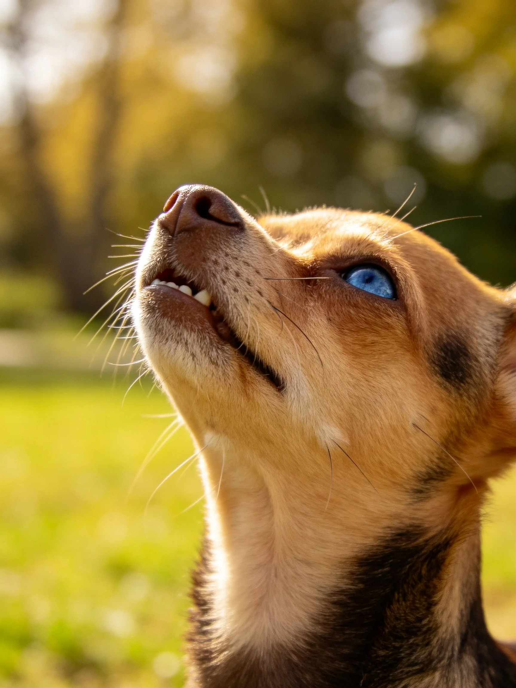 A small brown dog with a bright blue eye gazes upward in a sunlit outdoor space.
