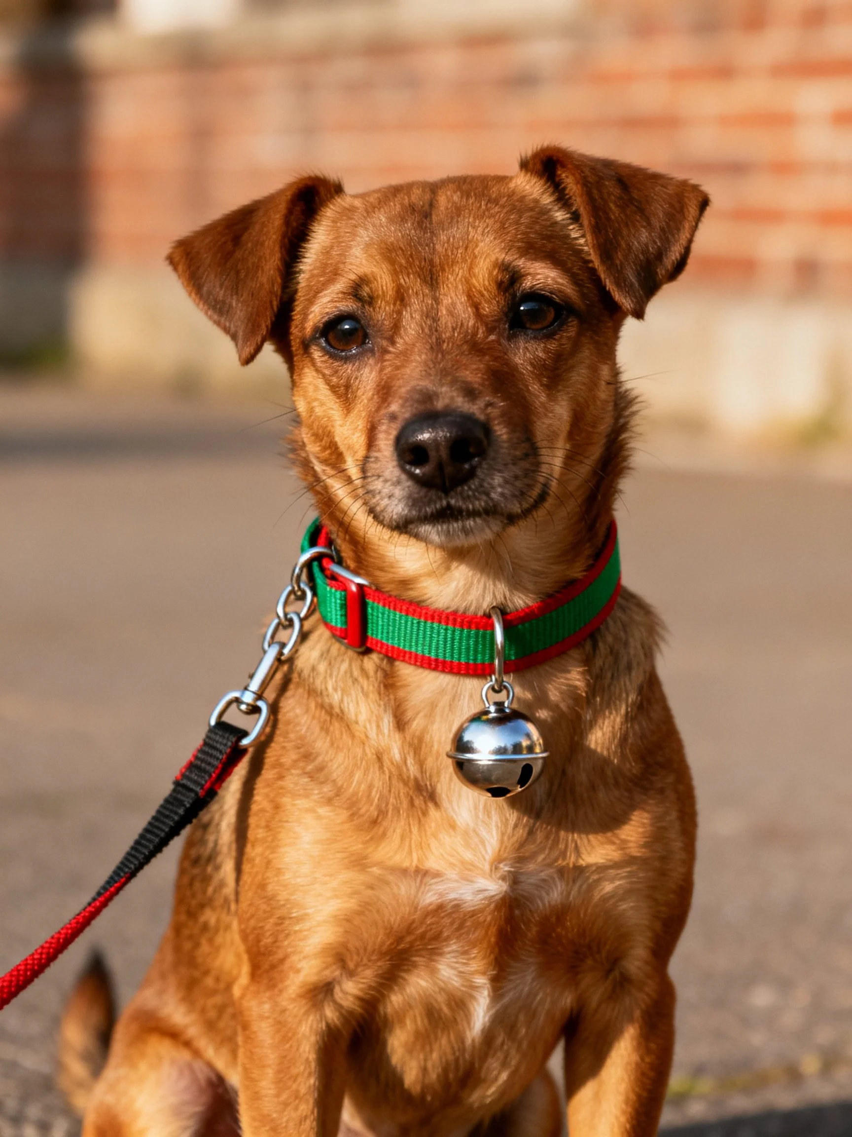 A small brown dog with a green-red collar and silver bell