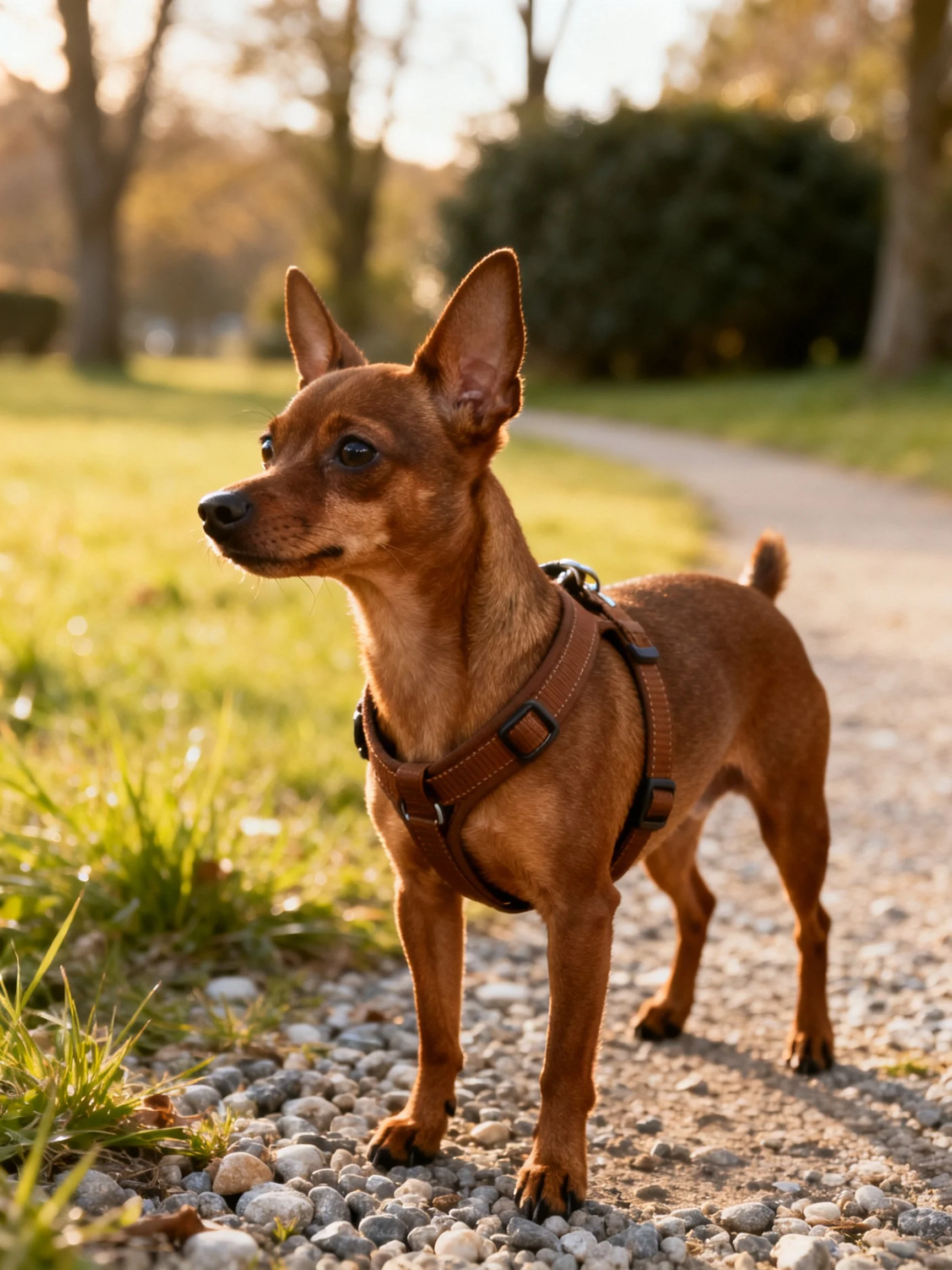 A small brown dog in a harness stands alert on a gravel path near grass