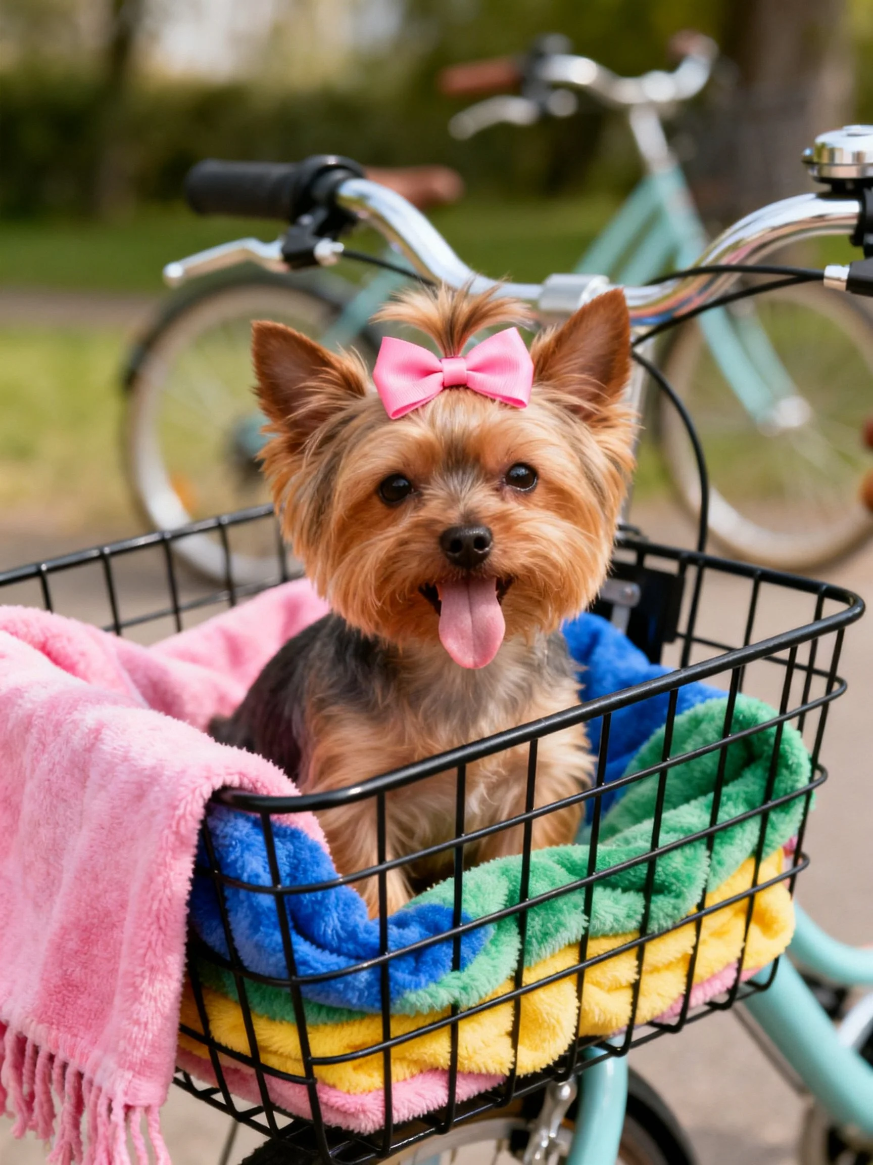 A small brown dog with a pink bow sits in a black bicycle basket with colorful towels
