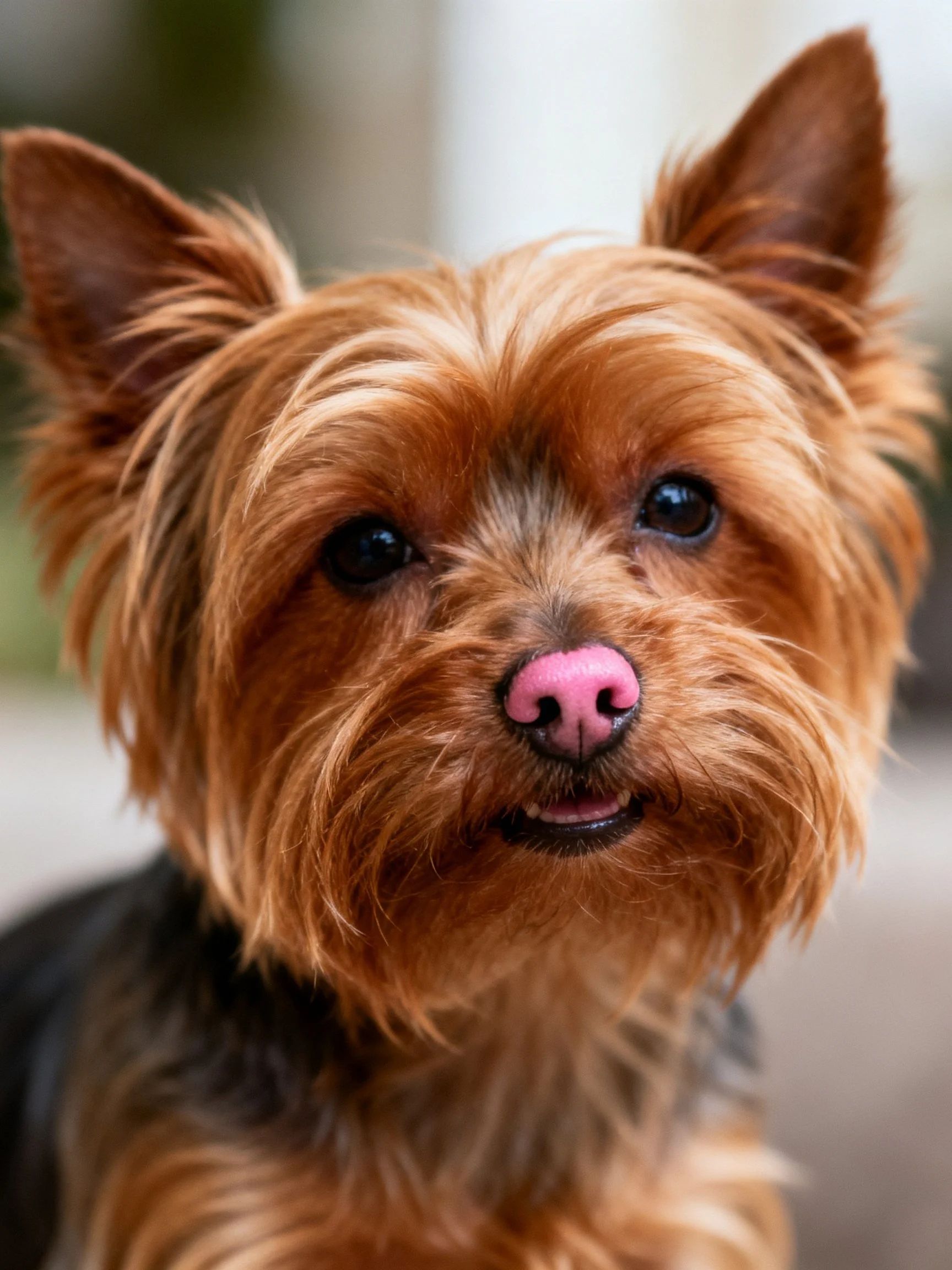 A small brown dog with a pink nose is shown up close, emphasizing its facial features.